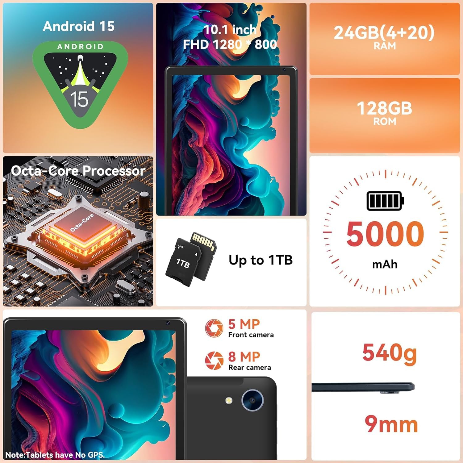 2026 Latest Tablet,10.1" Android 15 Tablet with Octa-core Processor 24GB RAM 128GB ROM HD IPS Touchscreen, Wi-Fi 6, BT 5.0, Dual Camera, Android Tablets — view 2