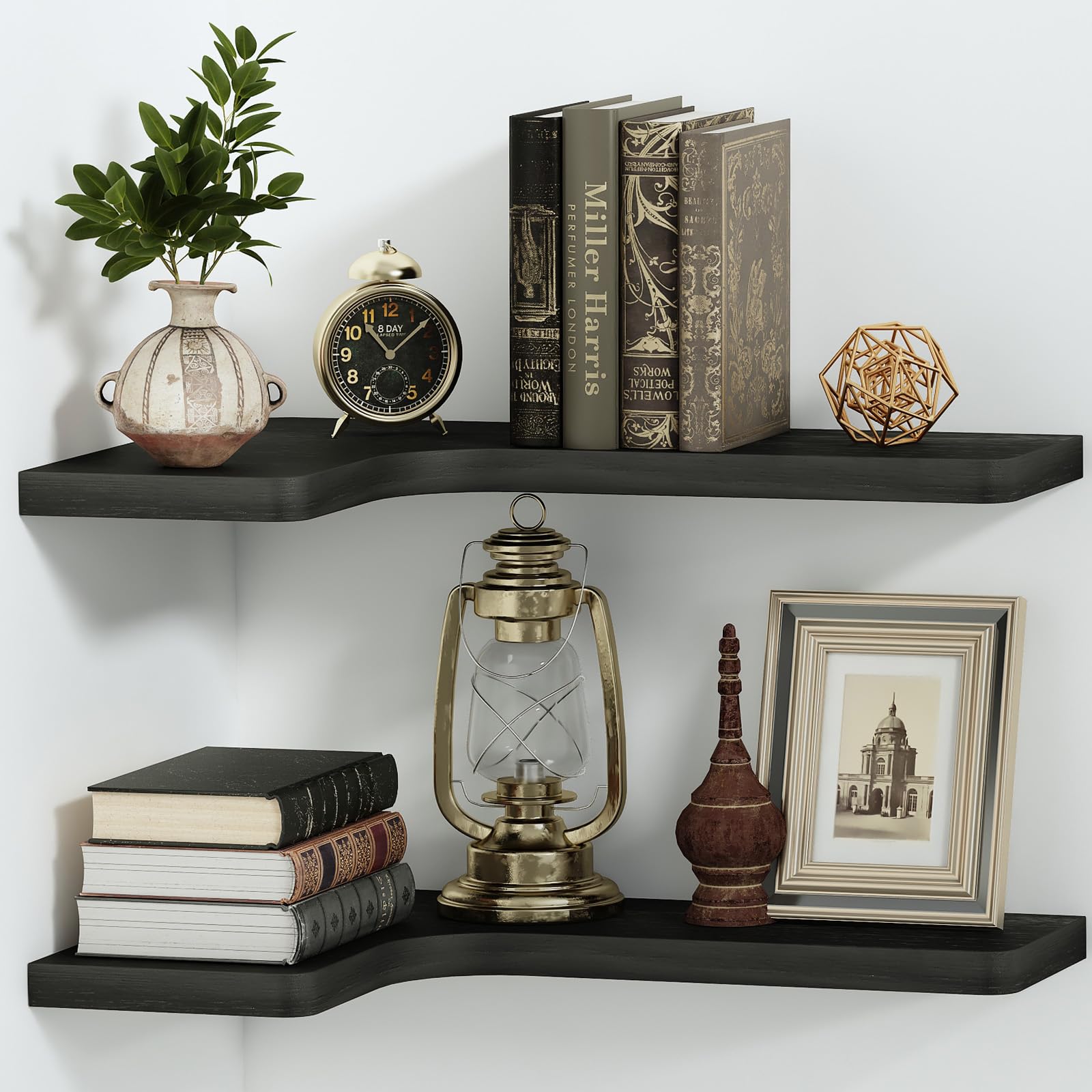 SAUMONIERES Corner Floating Shelves 24 Inch Wall Mount Shelf Solid Wood for Bedroom Bathroom Kitchen Storage Set of 2, Black