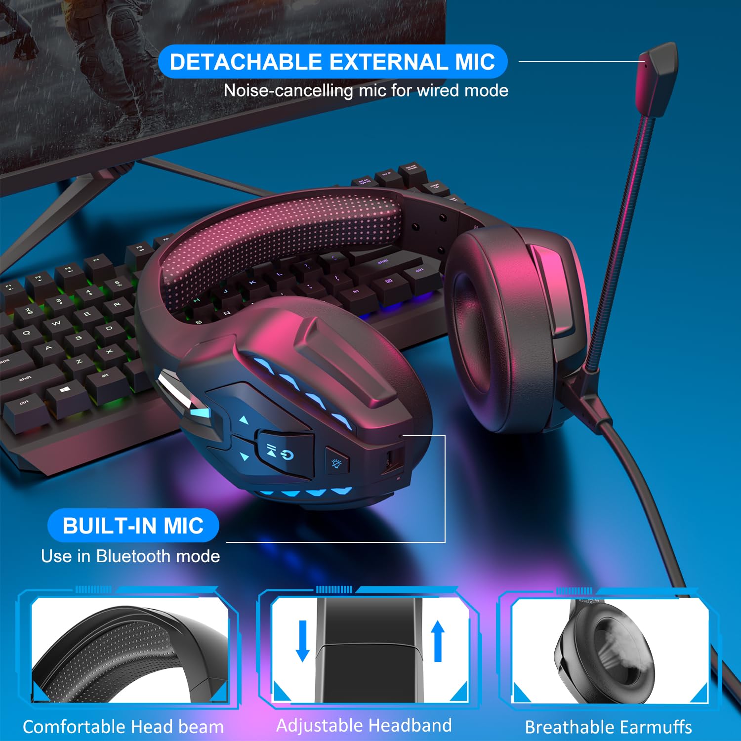 PHOINIKAS Gaming-Headset mit Abnehmbarem Mikrofon mit Geräuschunterdrückung, Bluetooth nur für Mobiltelefone, 3,5-mm-Audiokabel für PS4/PS5/Xbox One/PC/Switch, 40 Stunden Akkulaufzeit, LED-Licht