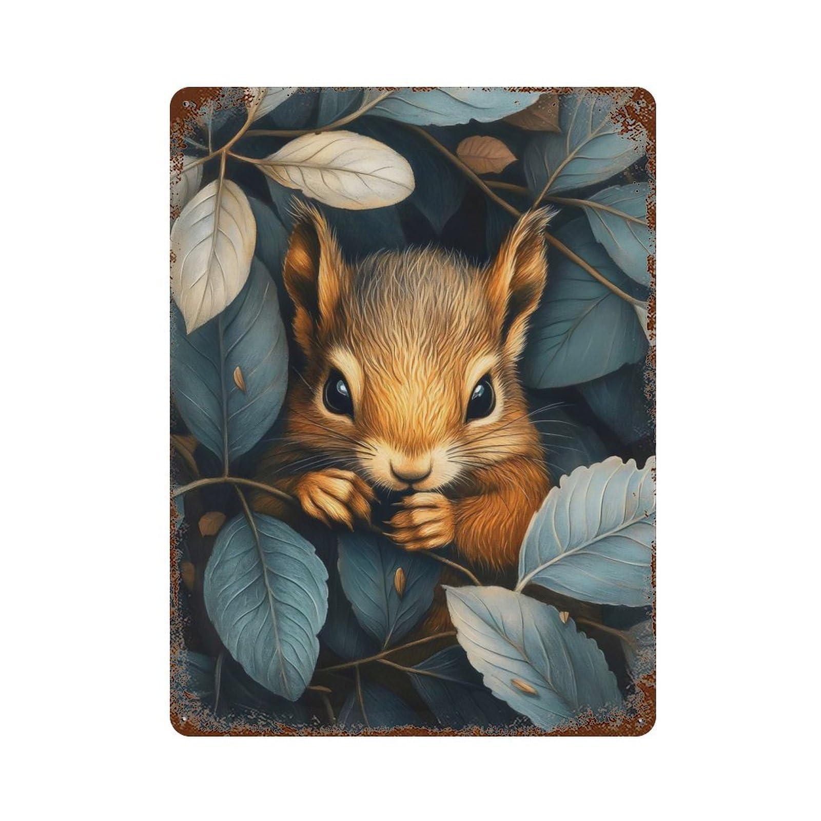 Squirrel In Leaves 15.7"x11.8" Vintage Metal Tin Sign, Novelty Wall Decor for Basement, Hobby Room And Garage Decor