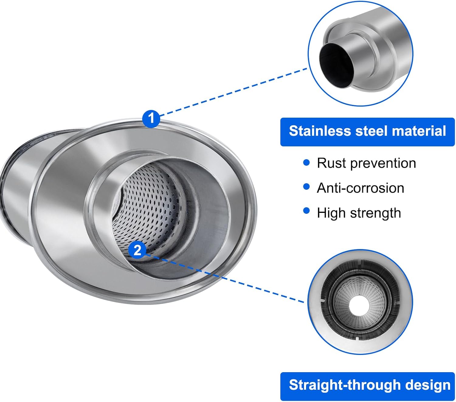 2.5'' Stainless Steel Resonator, 2.5'' inlet/outlet, Universal 13.8'' Overall Straight Through Design Exhaust Resonator