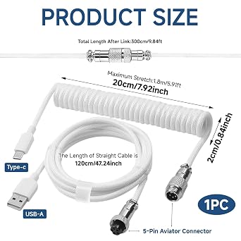 USB C Coiled Keyboard Cable, 3 Meter Type C To USB A Spring Coiled Cable