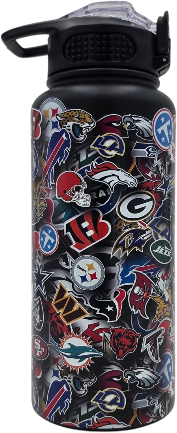 NFL ProPress Blackout All Over Team Logo Mashup 32oz Stainless Steel Water Bottle, Press Top Lid