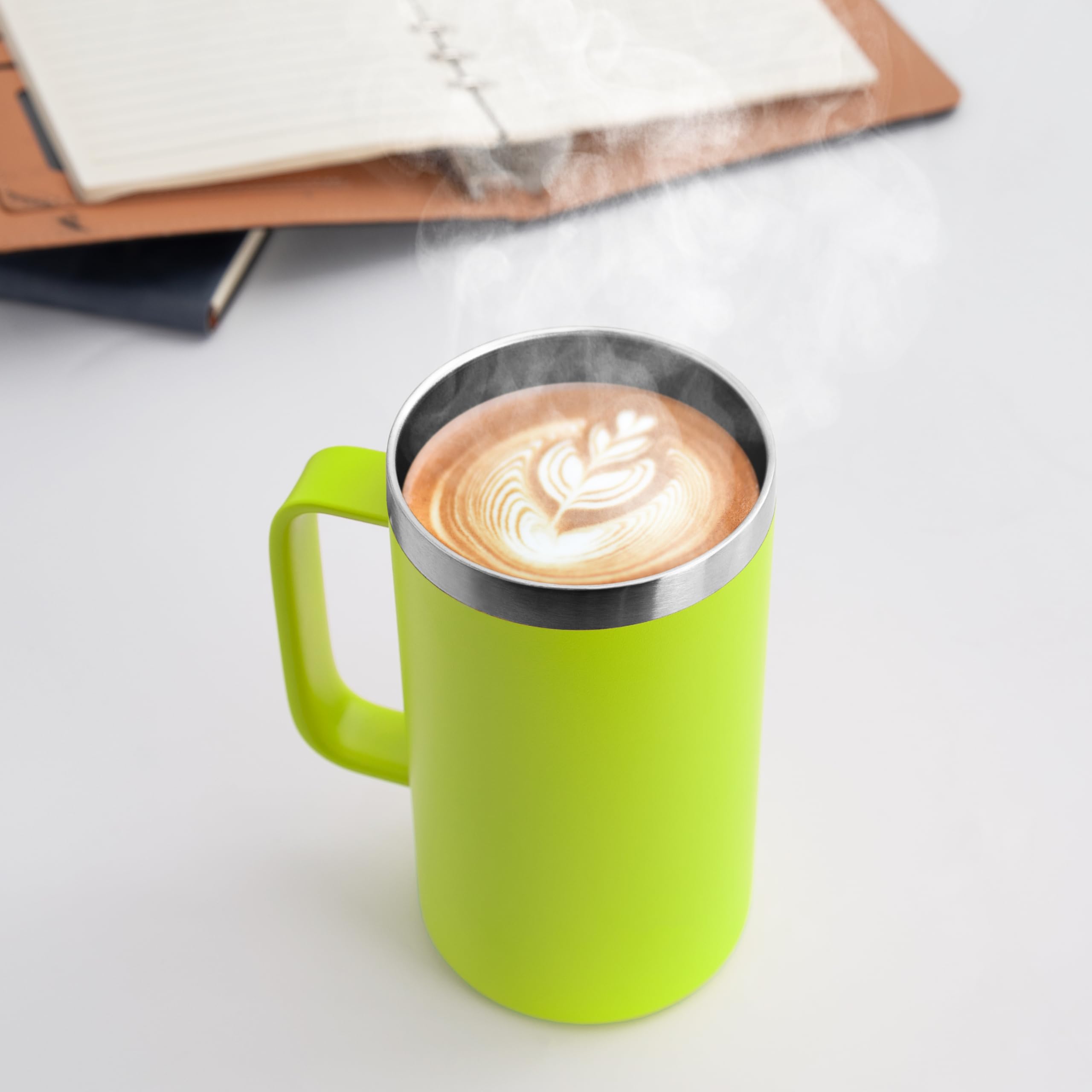 DOMICARE Taza de café de acero inoxidable de 24 onzas con asa y tapa, taza de viaje con asa, vaso de café al vacío de doble pared, taza aislada reutilizable, verde claro, paquete de 4