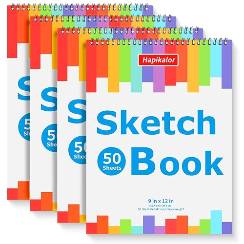 Hapikalor 9"x12" Sketch Book, 4-Pack 50 Sheets Spiral Bound Art