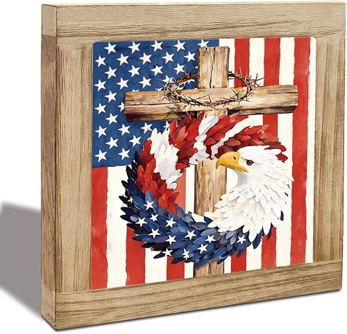 Faith Patriotic Wooden Box Sign, Eagle Cross American Flag Tiered Tray Tabletop 