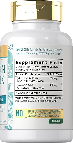 Miniatura 2 de Carlyle Pastillas de colágeno con ácido hialurónico 500 mg | 90 cápsulas | Suplemento de colágeno hidrolizado | Sin OMG, sin gluten