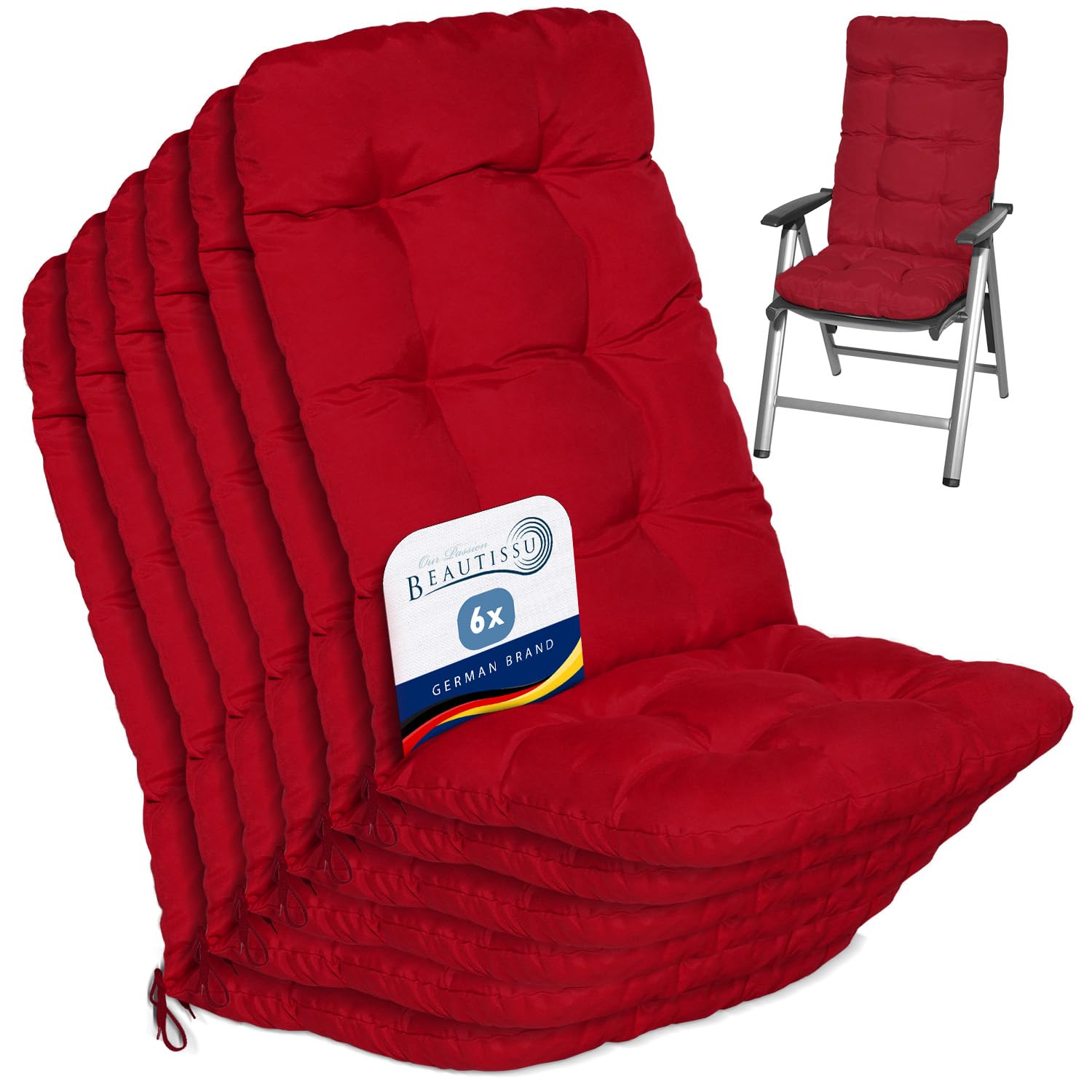 Beautissu Set of 6 Highback Garden Chair Cushions Set 120x50x8 cm - Red Outdoor Seat Cushions for Garden Chairs with Backs Pillows for Recliner Patio Sunbed Bench - Flair HL