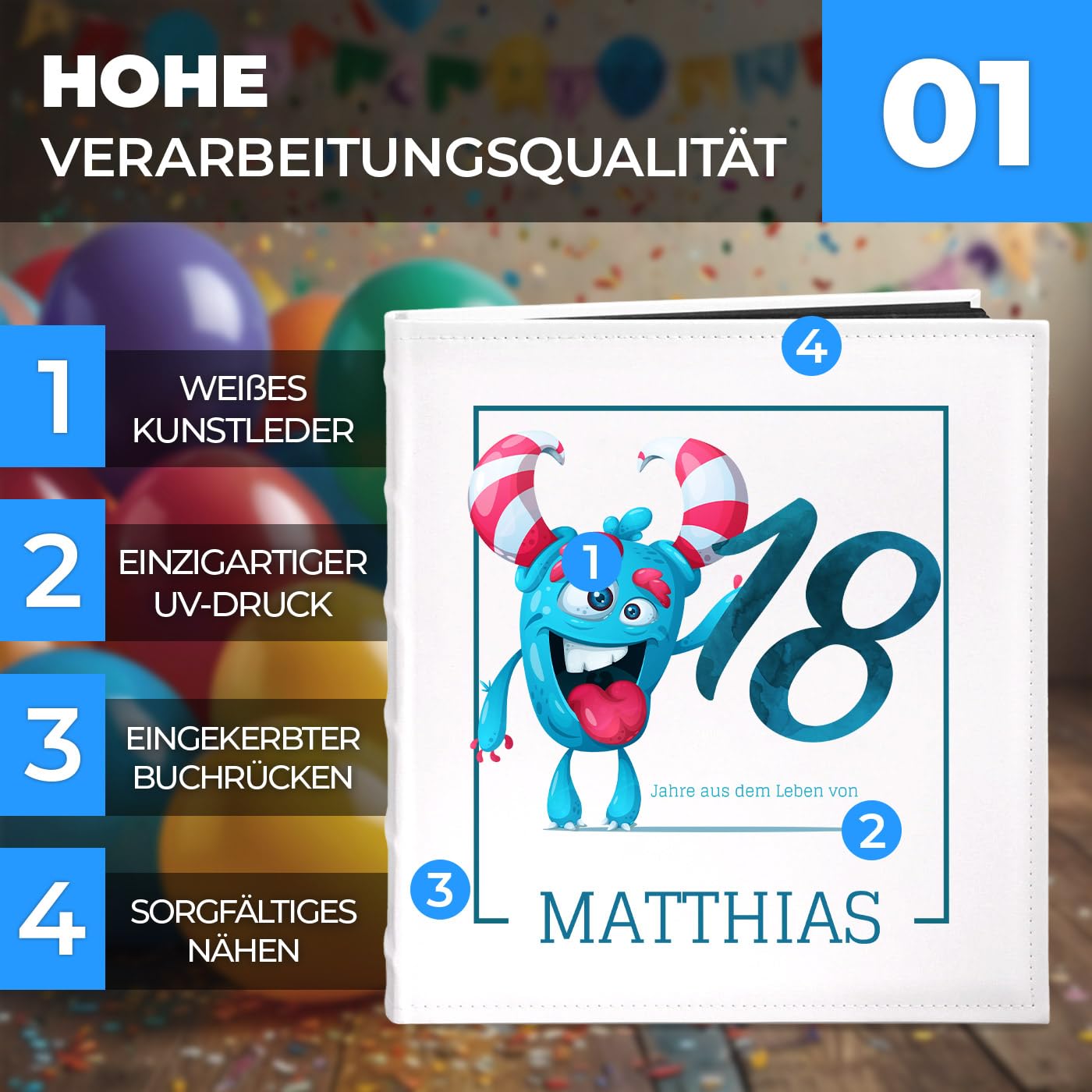 Maverton Fotoalbum zum Selbstgestalten mit Aufdruck - für 240 Fotos 10x15-60 schwarze Seiten - Größe 33x30cm - Weiß - personalisierte Geschenke für Herren - Geburtstagsgeschenk