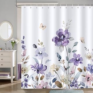 Bonhause Purple Floral Shower Curtain, Lilac Watercolor Flower Leaves Butterfly Wildflower Bathroom Decor 72x78 Inch Polyester Fabric Waterproof Bath Curtain with 12 Hooks - Amazon product rated Grade A