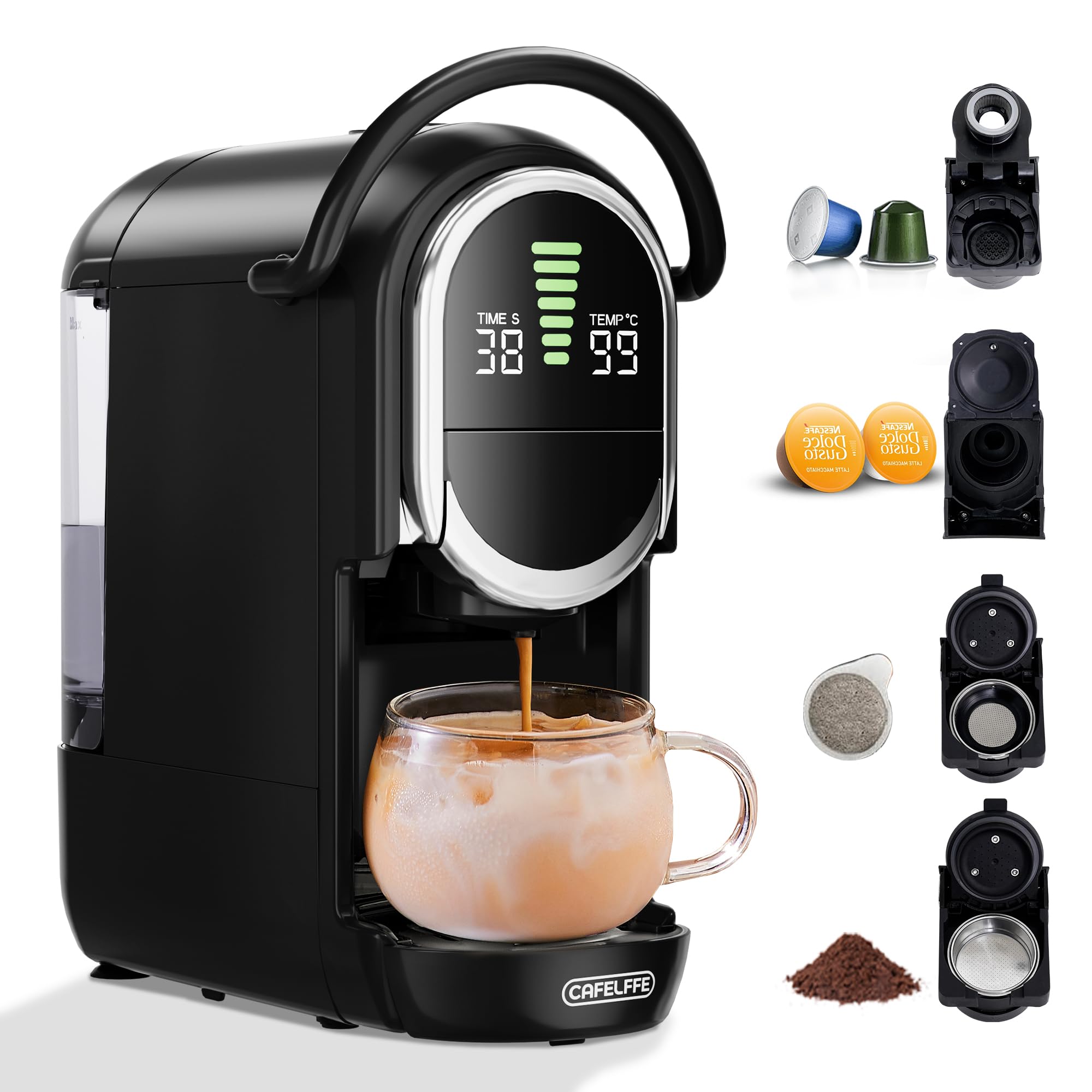 CAFELFFE MK-609S Máquina de café de cápsulas 4 en 1 con presión de 19 bar, 7 niveles ajustables, infusión en frío, máquina de café espresso compacta para el hogar y la oficina, NES Original/DG/ESE