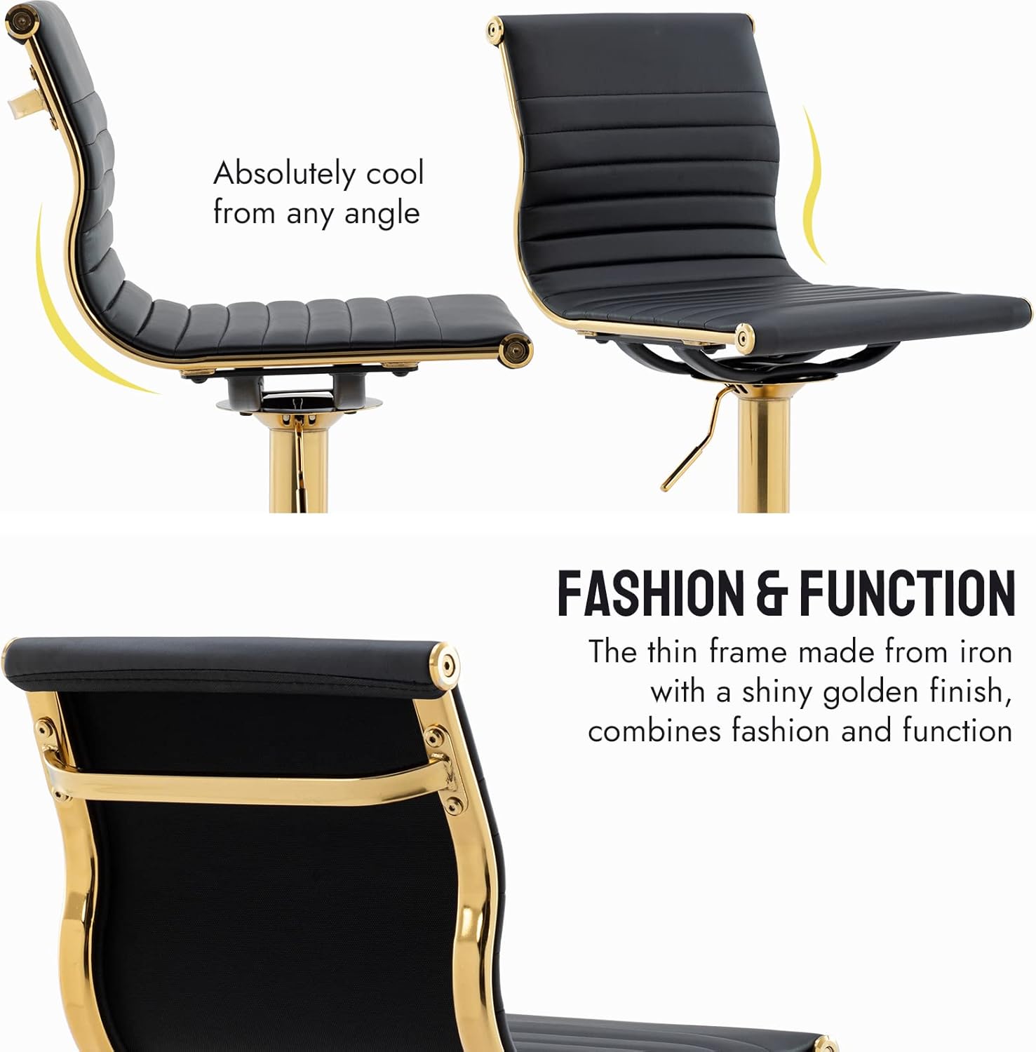 LZAREAL Metal Bar Stools Chairs Set of 2 Height Adjustable Barstools Modern Black PU Leather Armless Counter Stool with Golden Base for Kitchen Island/Bar/Dining Room - Black, 2PCS