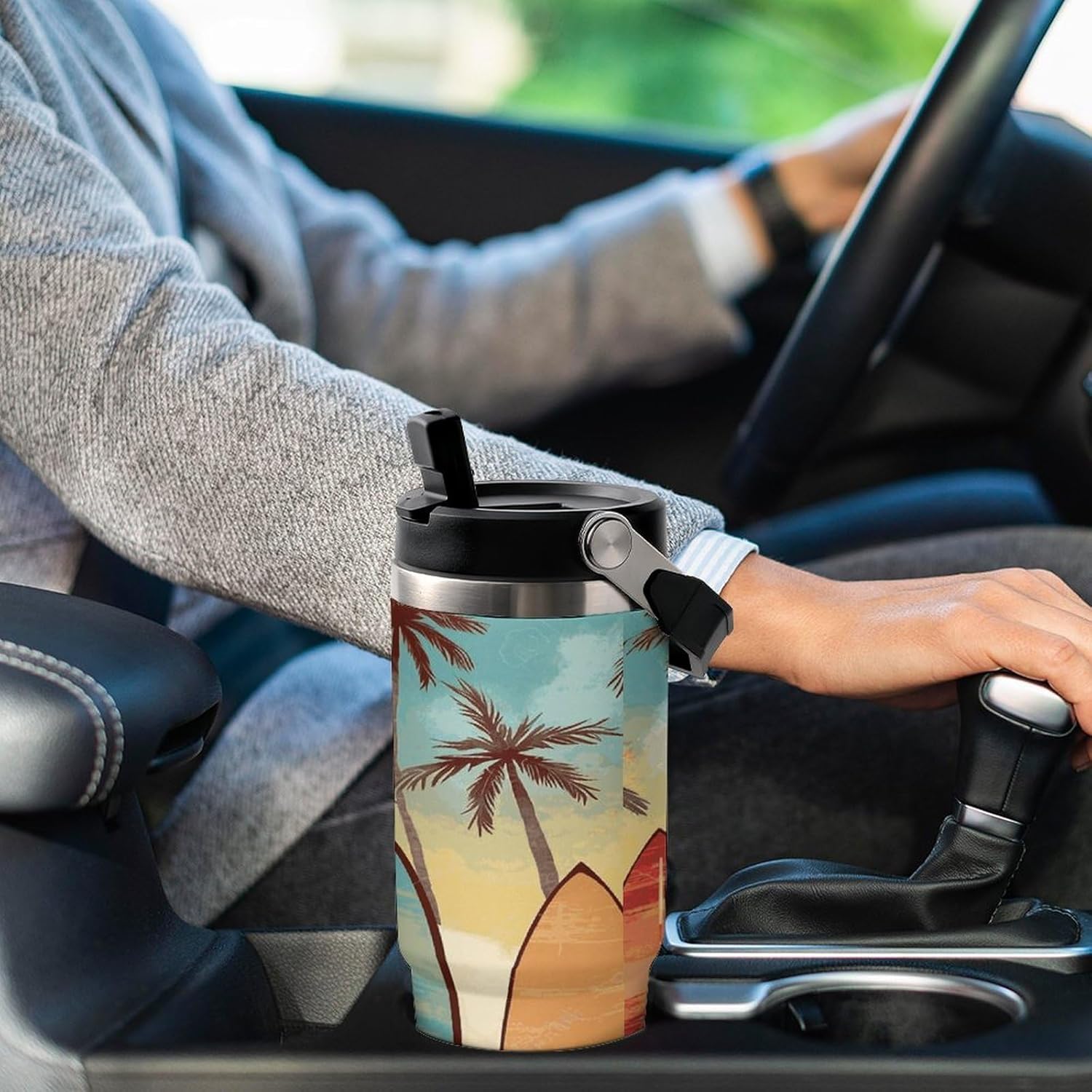 Surfboard Palm Tree Water Bottle 30 Oz Fits Car Cup Holder,Insulated Coffee Mug Large Capacity Car Cups,Stainless Steel Double Wall Sport Bottle for Travel Sports Gym