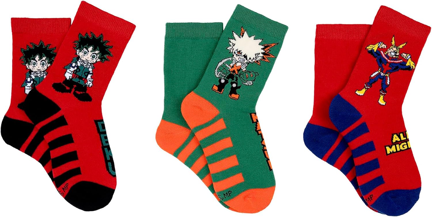 My Hero Academia Kids Crew Socks (3 Pair) - Fits Kids Shoe Size 9-3