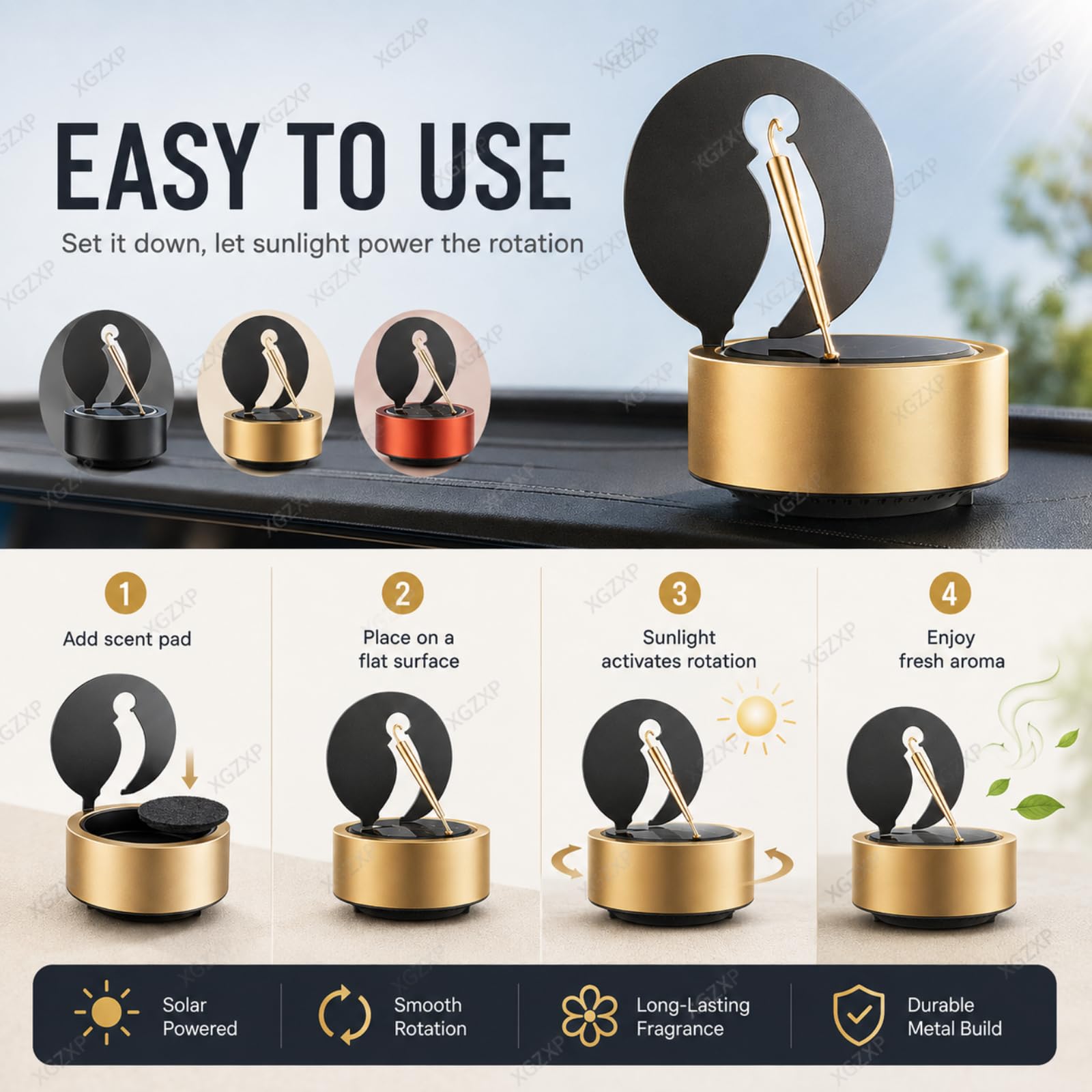 Deodorante per Auto, Diffusore Solare Rotante per Auto, 11 Cm × 11 Cm × 12 Cm, Accessorio Deodorante per Auto in Lega Senza Batterie, Rotazione Automatica, per Ufficio E Casa Black
