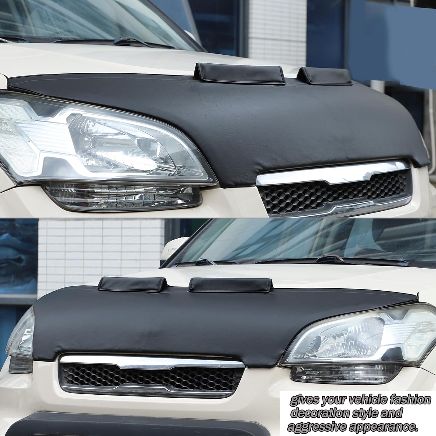 Black Leather Front Hood Cover Engine End Bra Protector Compatible with Kia Soul 2009-2013 Car Engine Hood Cover,Front Hood Cover Bra Protector Cover