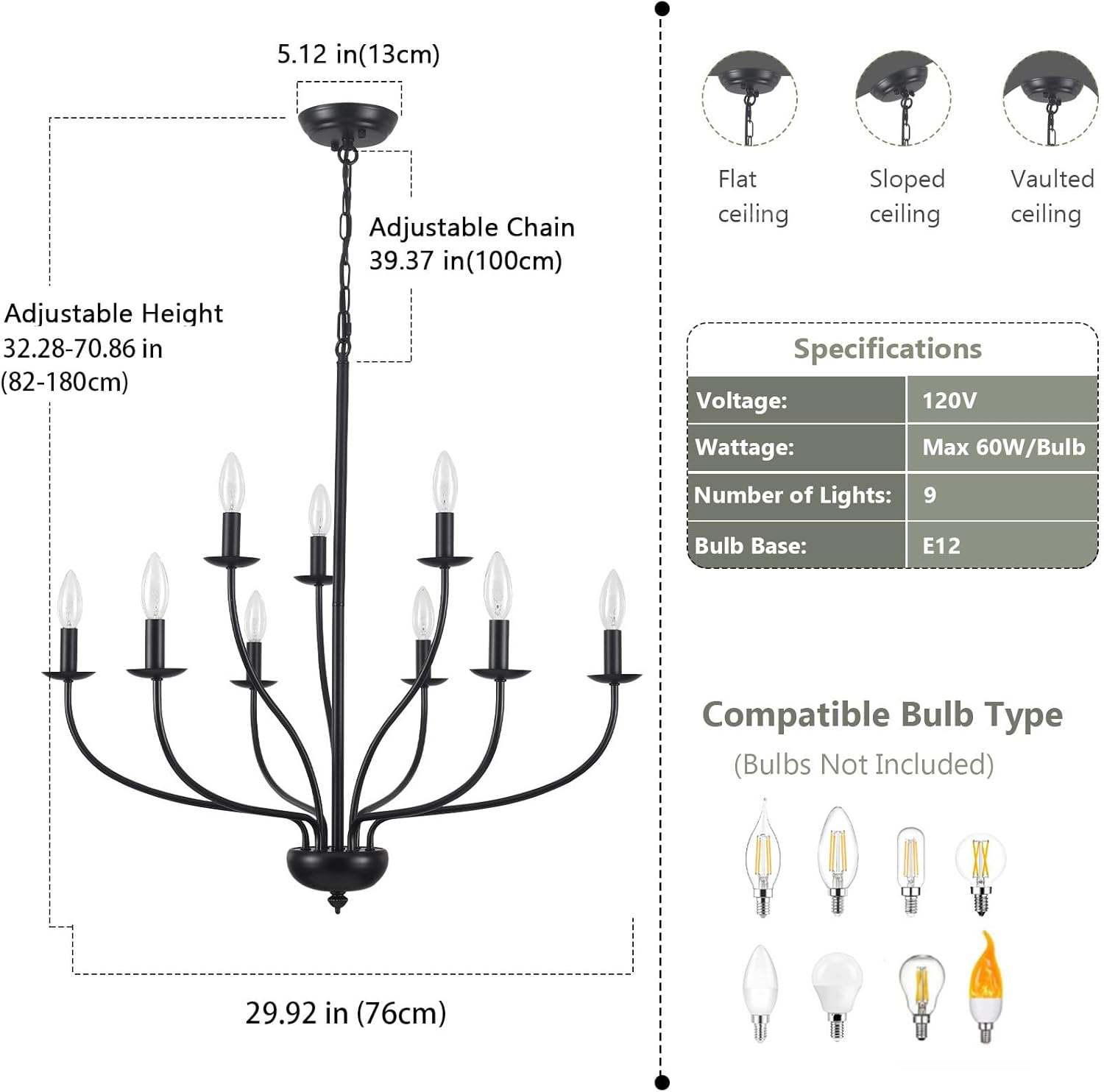 Black Chandelier 9 Light, Modern Farmhouse Chandeliers for Dining Room, Industrial Candle Pendant Lighting Fixture for Foyer Hallway Entryway High Ceiling, Bedroom, Living Room, Kitchen