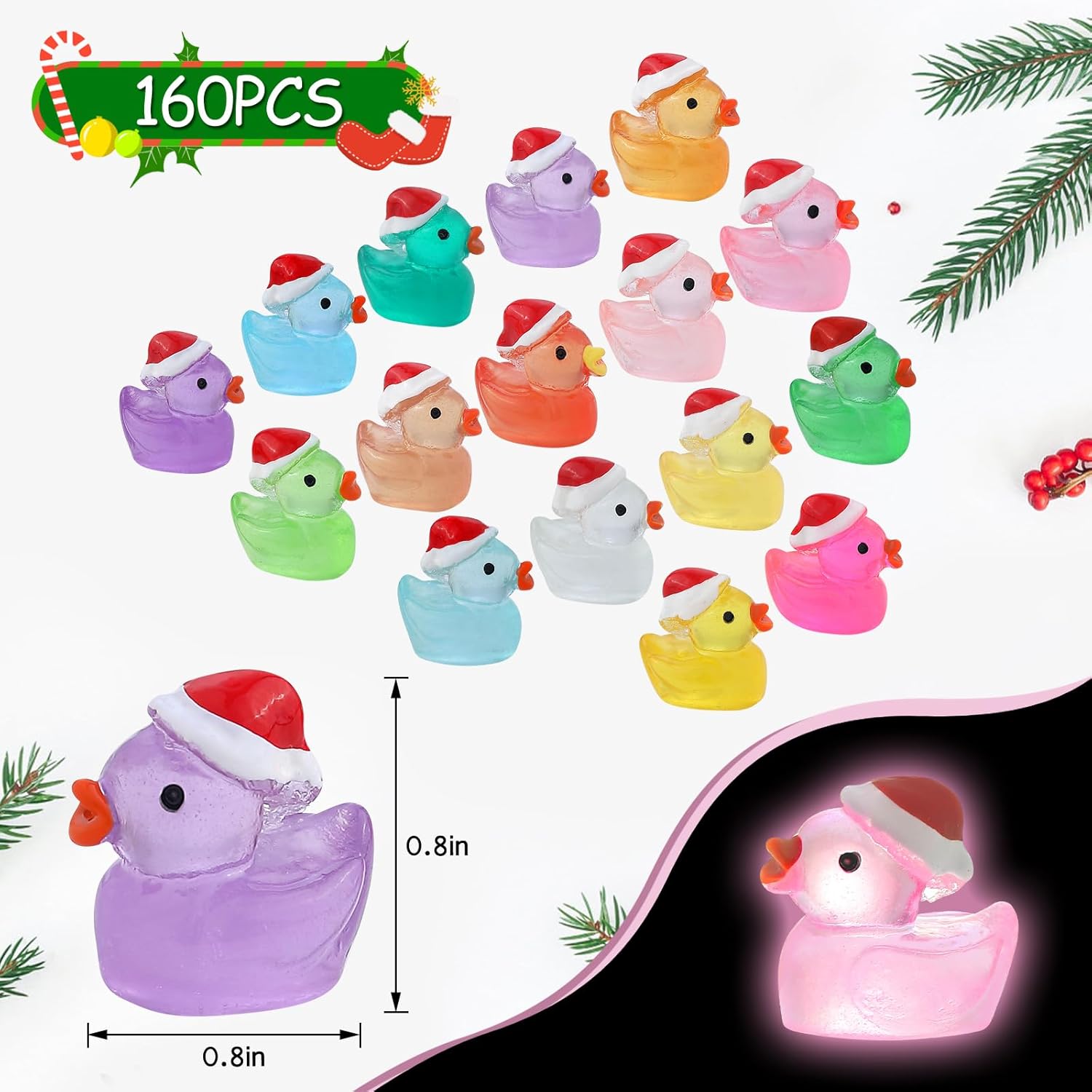ROMROC 160Pcs Luminous Mini Christmas Resin Duck Miniature Glow in The Dark Ducks Christmas Decor Aquarium Ornament Dollhouse Decoration DIY Slime Kit Birthday Party Hide and Seek Prank(16 Colors)