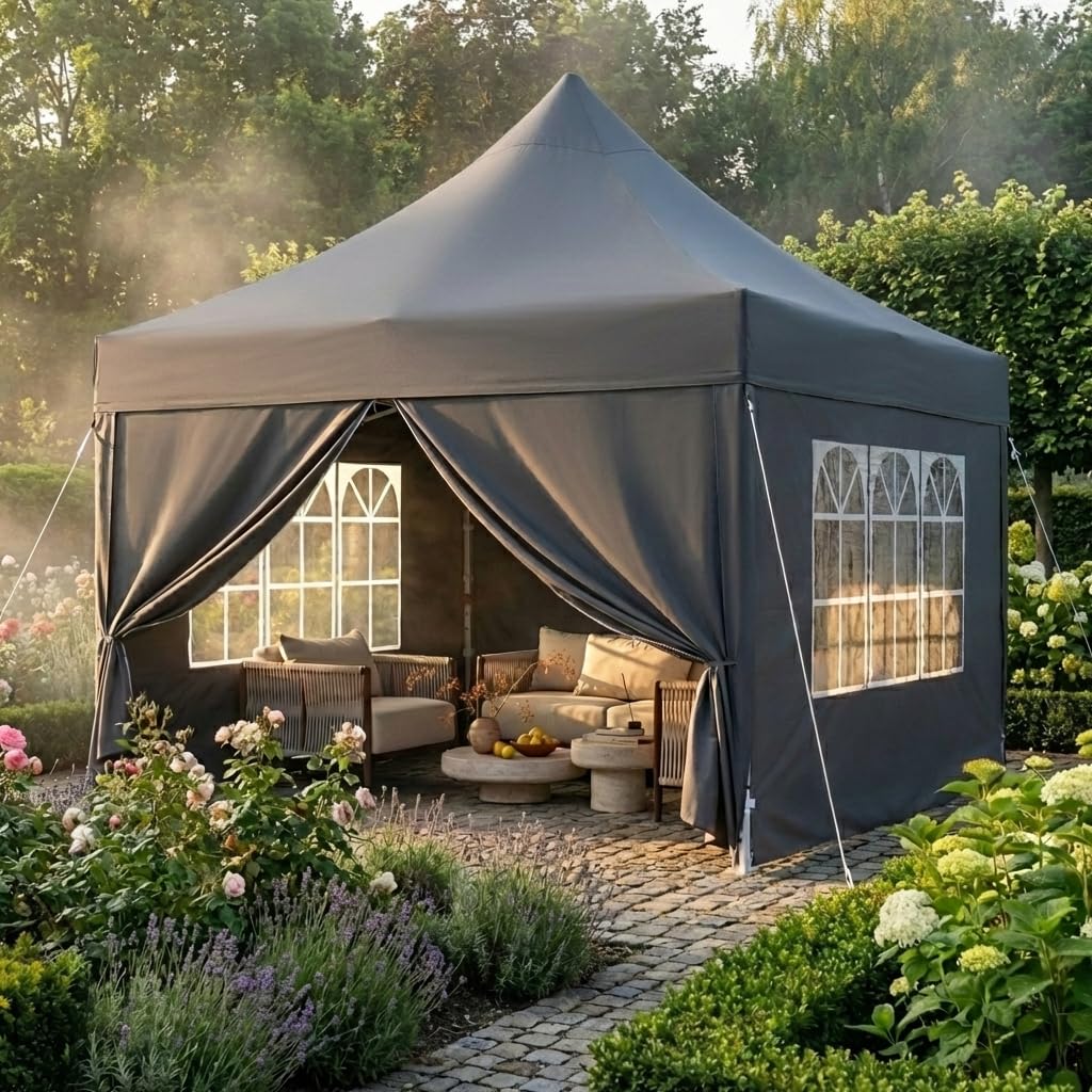 JUMMICO Gazebo 3x3 Pieghevole Impermeabile, 10cm di Altezza Interna Supplementare, Tessuto Robusto e Durevole, con Pareti Laterali, Ideale per Cortile, Balcone, Campeggio e Altro, Grigio