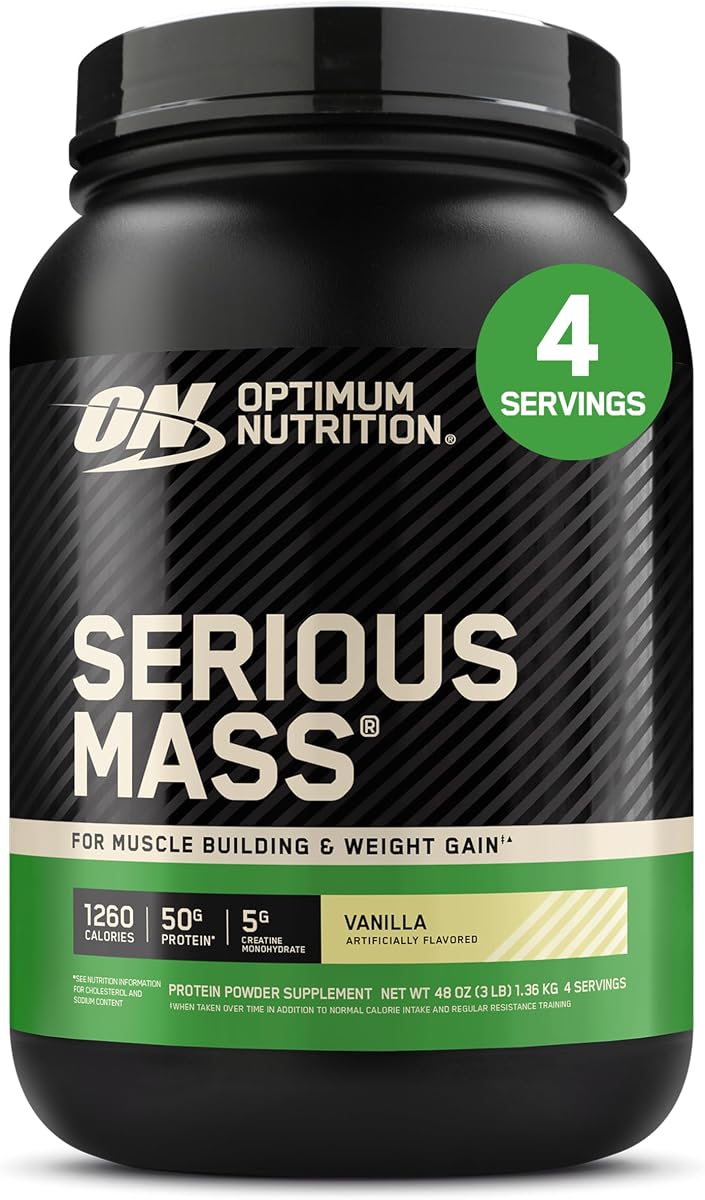 Optimum Nutrition Serious Mass Weight Gainer Proteína en polvo, vainilla, 3LB | Proteína en polvo para ganar peso, ganador de masa con proteína de suero, creatina, glutamina, BCAA, vitaminas y minerales, fácil de mezclar