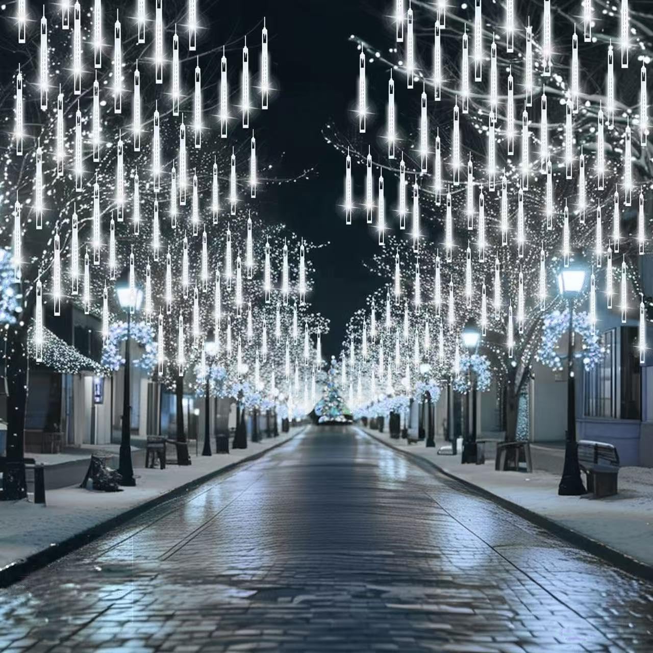 YIQU Weihnachts-Meteorschauerlichter, 2 Stück, 8 Röhren, Meteor-Lichter, LED, fallende Lichter, geeignet für Weihnachten, Urlaub, Party, Zuhause, Terrasse, Outdoor-Dekoration (kaltweiß)