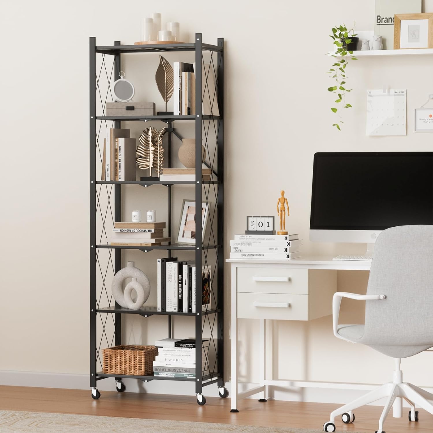 ALANNG 73.6 Inch Folding Bookshelf, 6 Tier Metal Bookcase and Bookshelves, Tall Shelves for Living Room Office Bedroom, Heavy Duty Book Shelve Free Standing Open (Black, 1PACK) - Image 5