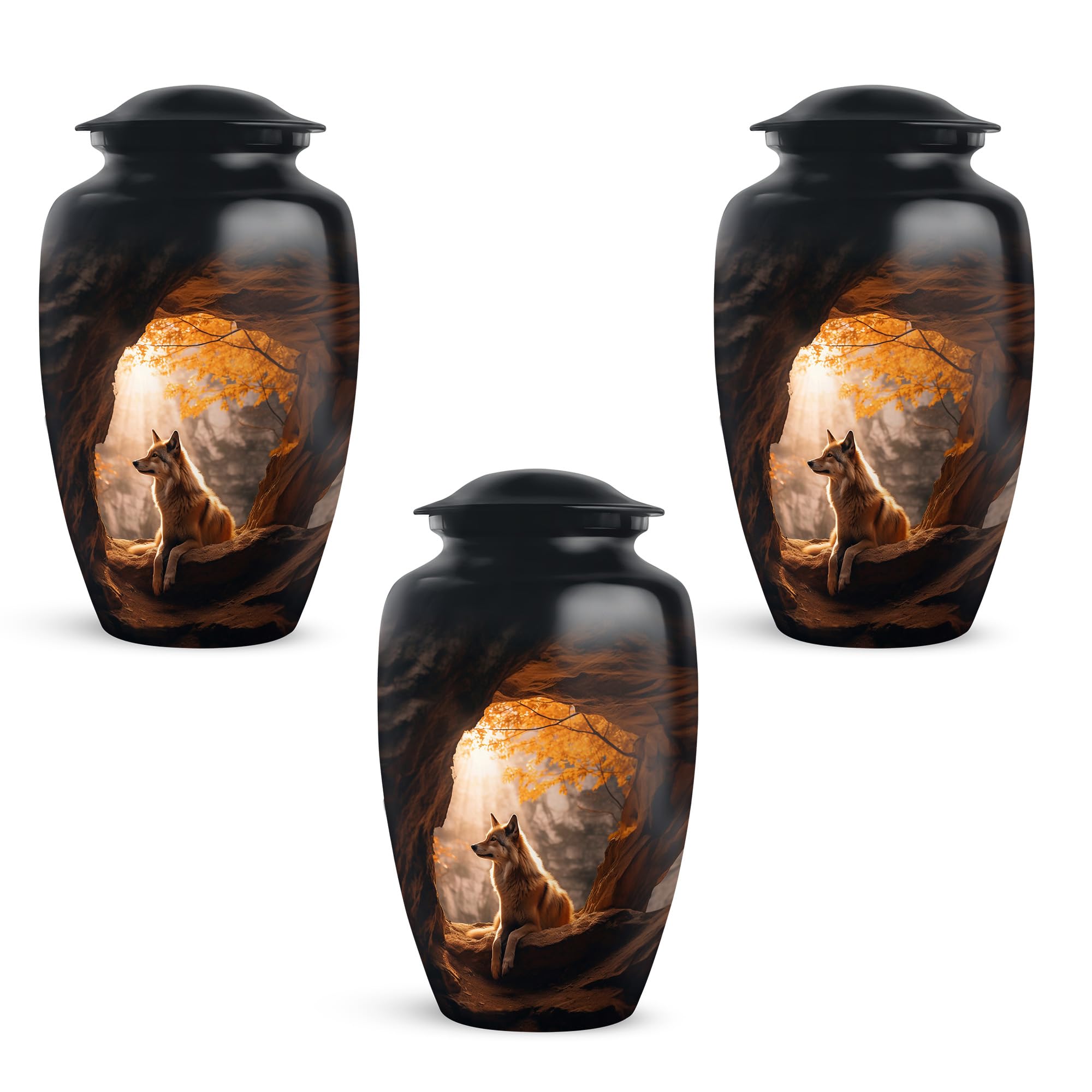 Cave Wolf Large Urns for Human Ashes Adult Man - Cremation Urns for Ashes for Women - Funeral Memorial - Large 10 Inch 3 Pcs