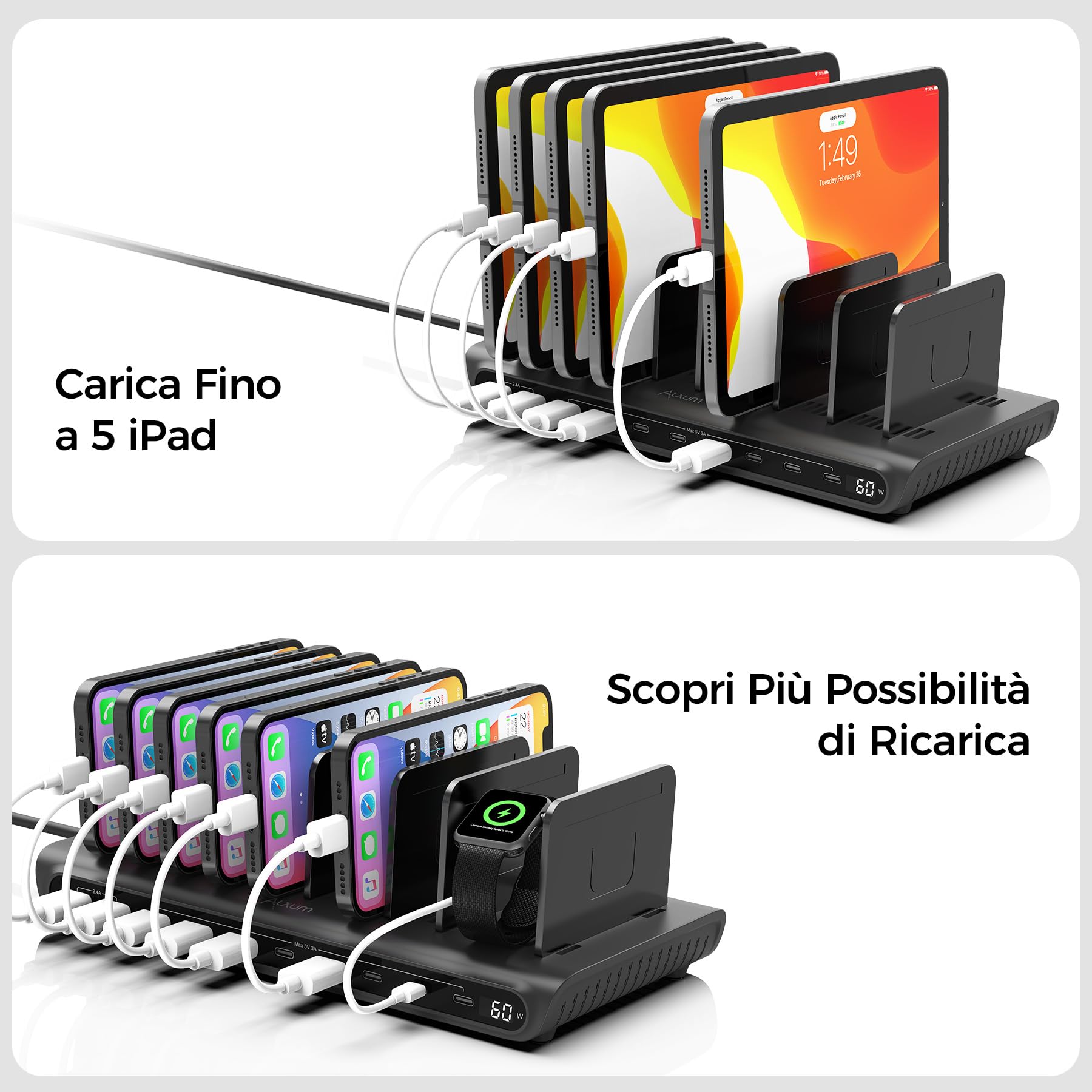 Alxum Stazione di Ricarica USB 10 Porte 60W, Multi Caricatore USB con Display LED, 8×USB-C e 2×USB-A, Smart Charging Station per iPhone, iPad, Phone, Tablet, Android, Ideale per Casa, Ufficio e Scuole