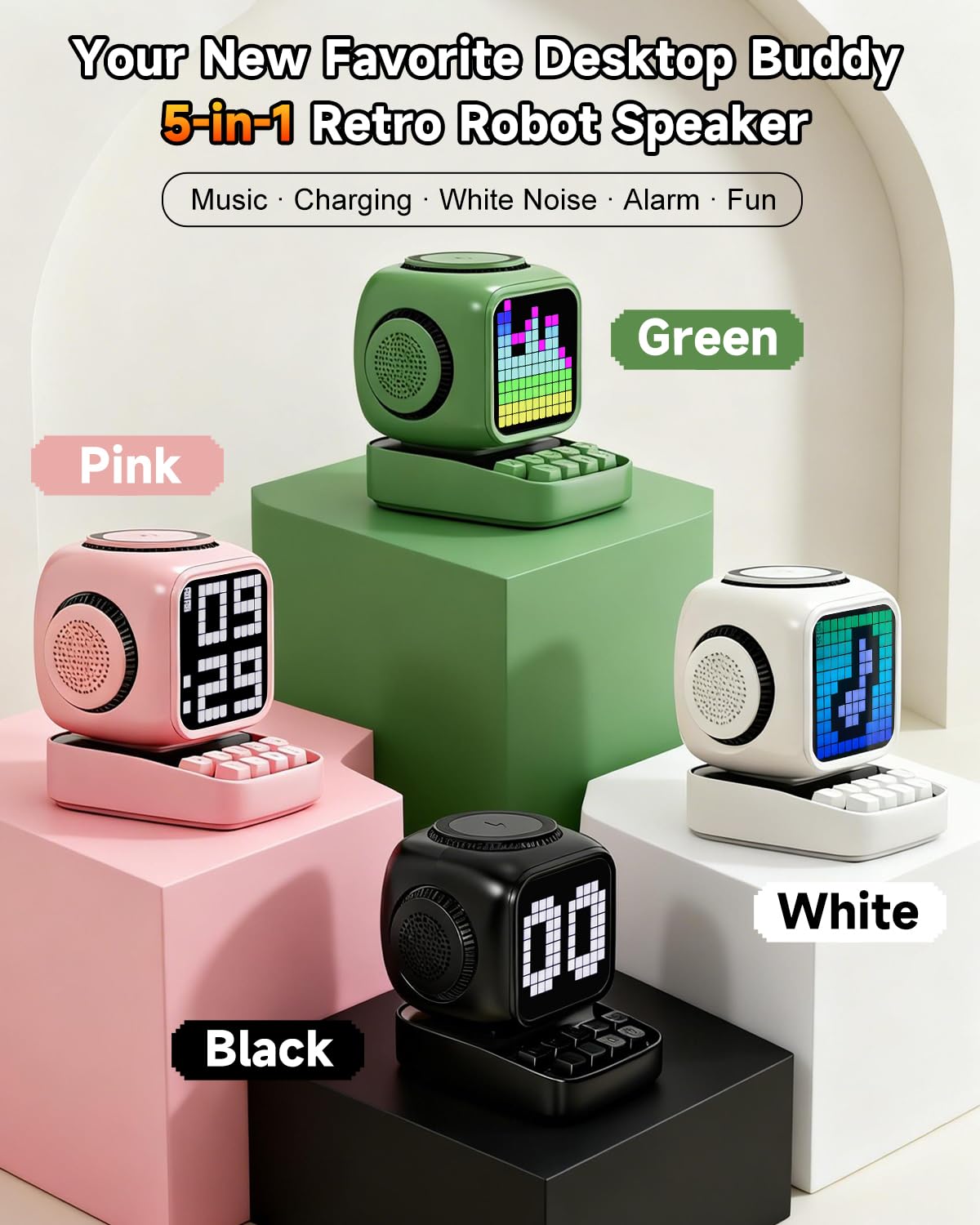 Altoparlante Bluetooth 5 in 1 con robot retrò: caricatore wireless da 15 W, schermo LED pixel, suono stereo da 10 W e 15 rumori bianchi, sveglia, altoparlante wireless portatile carino per camera da