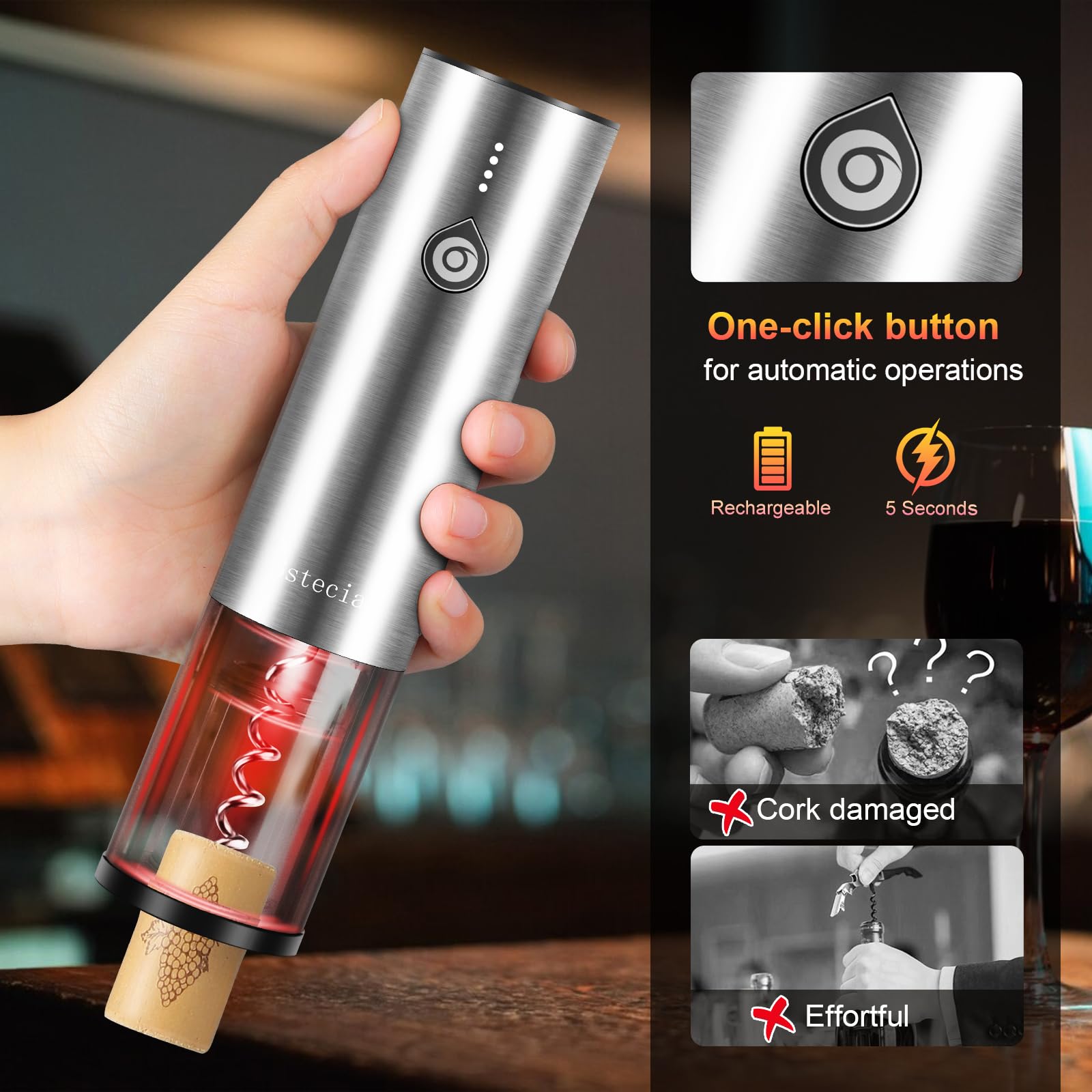 Tire Bouchon Electrique, 4 en 1 Coffret Cadeau avec Ouvre Bouteille Rechargeable, Aérateur de Vin Verseur Automatique, Coupe-Capsule et Bouchon à Vin sous Vide pour Idee Cadeau Homme