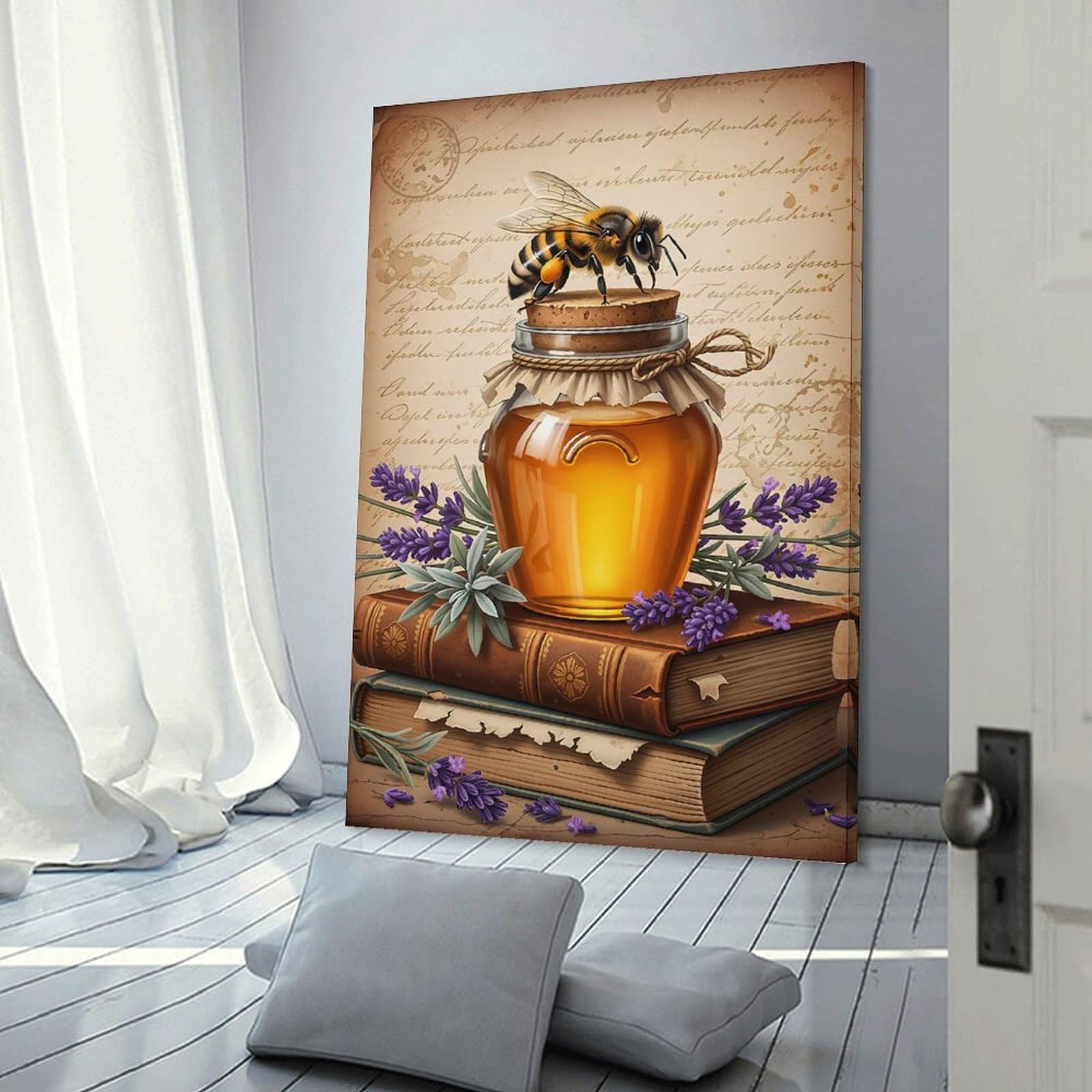 Junmoney Honey Jar with Bee And Lavender Hanging Wall Art 20x30inch(50x75cm), for Small Homes, Bedrooms Or Open Spaces, An Easy Choice for New Home Styling