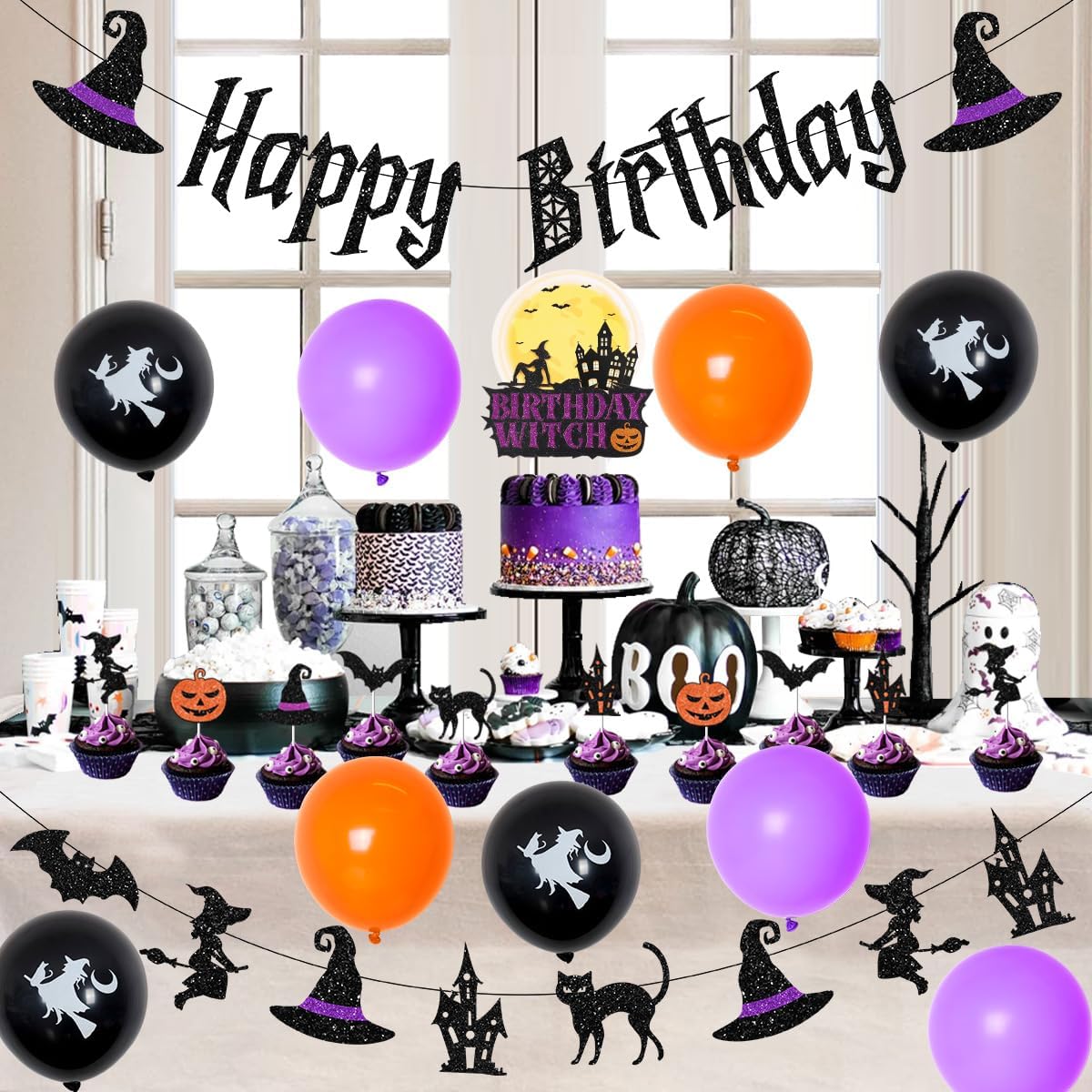 Witch Birthday Party Decorations with Happy Birthday Banner Halloween Theme Cake Topper Cupcake Picks Birthday Witch Garland for Girls Horror Happy Birthday Supplies
