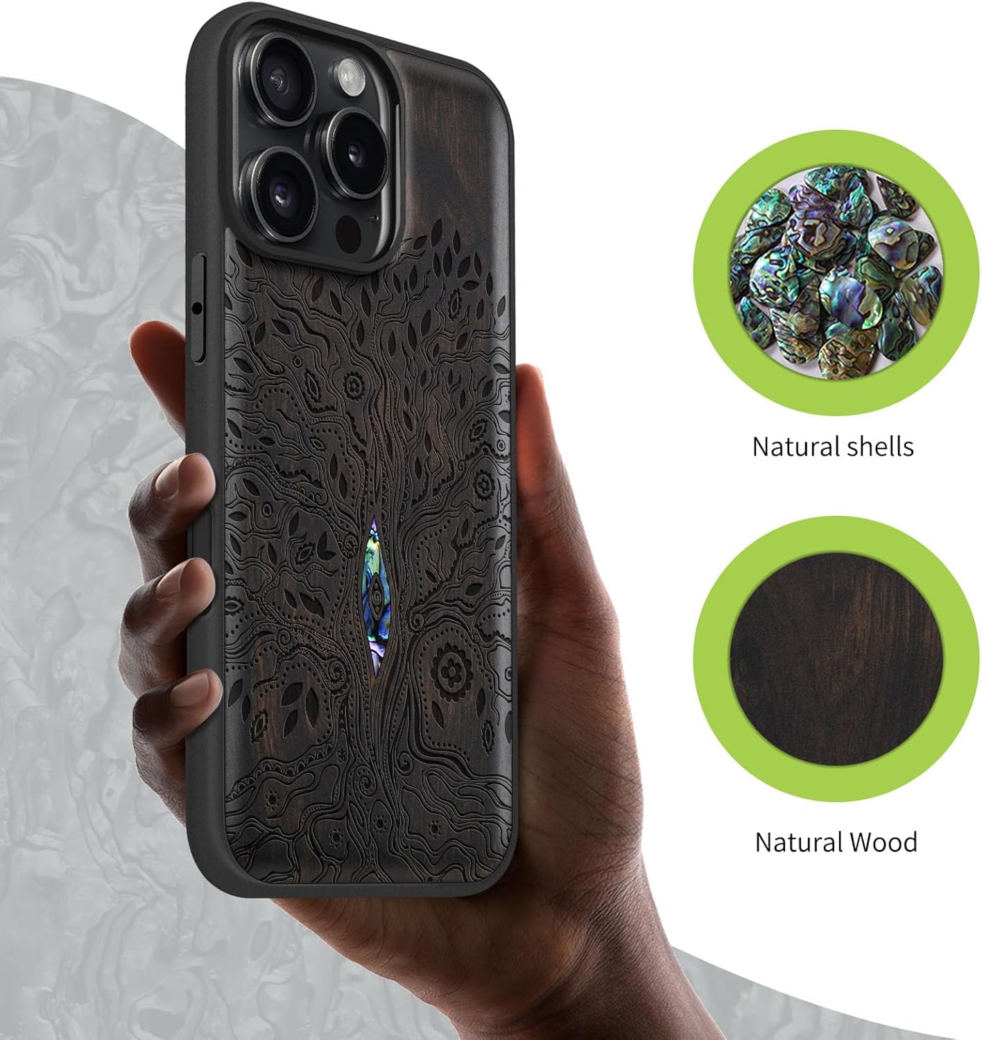Carveit Magnetic Case for iPhone 16 Pro Max Case, Wood Artisan Engraved & Handmade Shell Inlaid, TPU Shockproof Cover, Compatible with MagSafe Wireless Chargers (Tree of Life) Blackwood