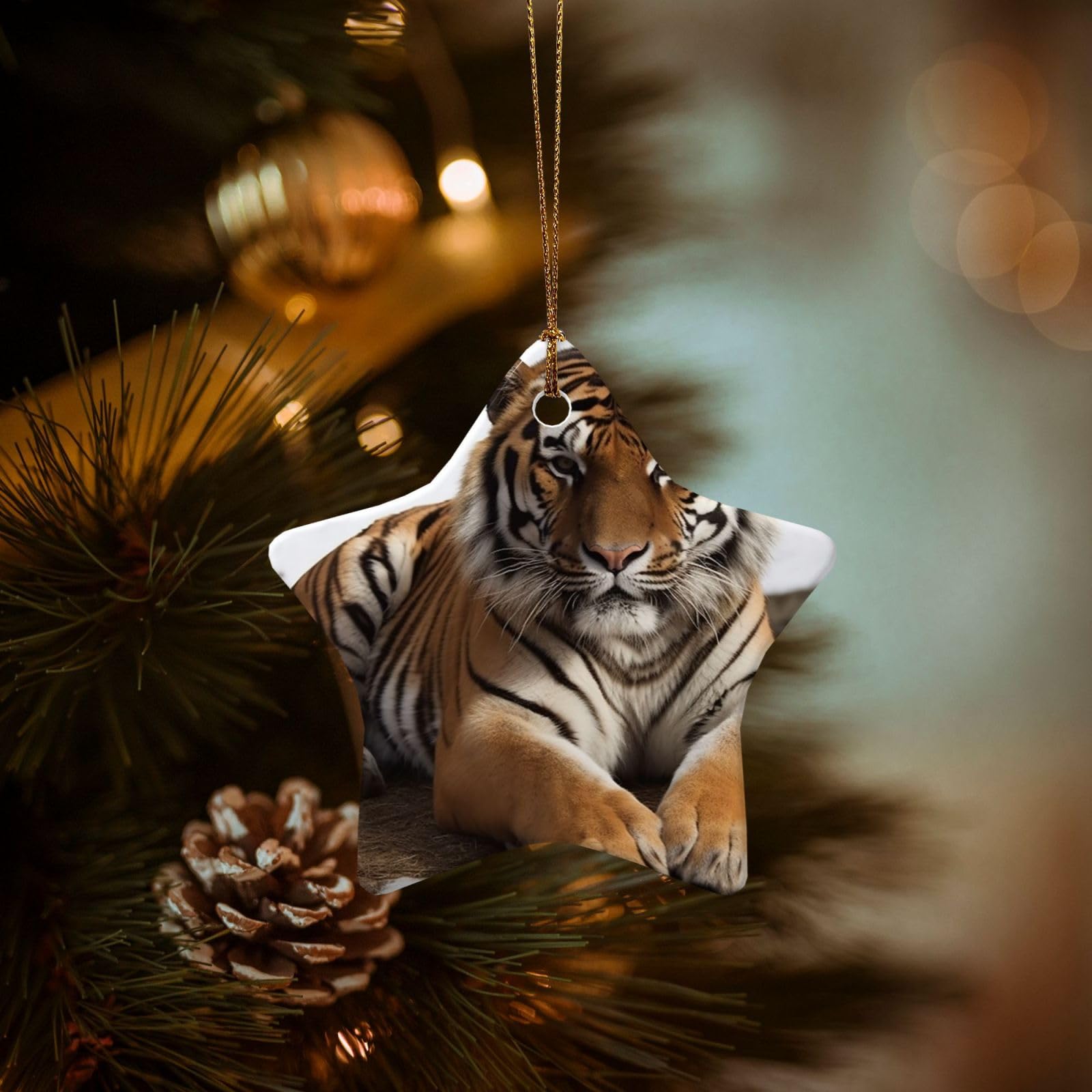 Christmas Ornaments for Christmas Tree Decoration Hanging Big Tiger Ornament with Gold Ribbon Crafts Star Shape Ceramic Pendant for Keepsake Gifts Xmas Decor Party Supplies