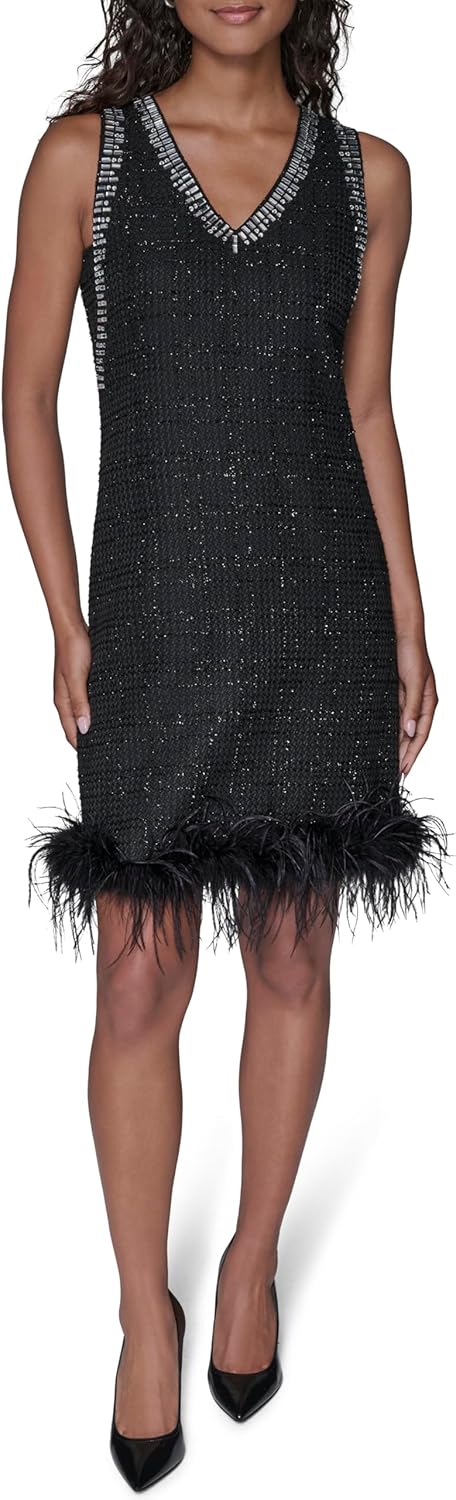 Karl Lagerfeld Women's Long Sleeve Embellished Collar Feather Trim Dress