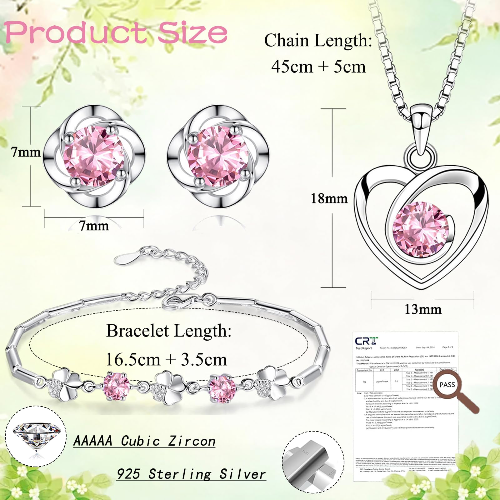 Schmuck Set Damen Silber 925, Set mit Weiß Rosa Blau Lila Zirkonia | Herz Halskette & Klee Armband & Klee Ohrstecker, 45cm Liebe Halskette Ohrringe Ohrstecker Armkette, Hypoallergen für Frauen