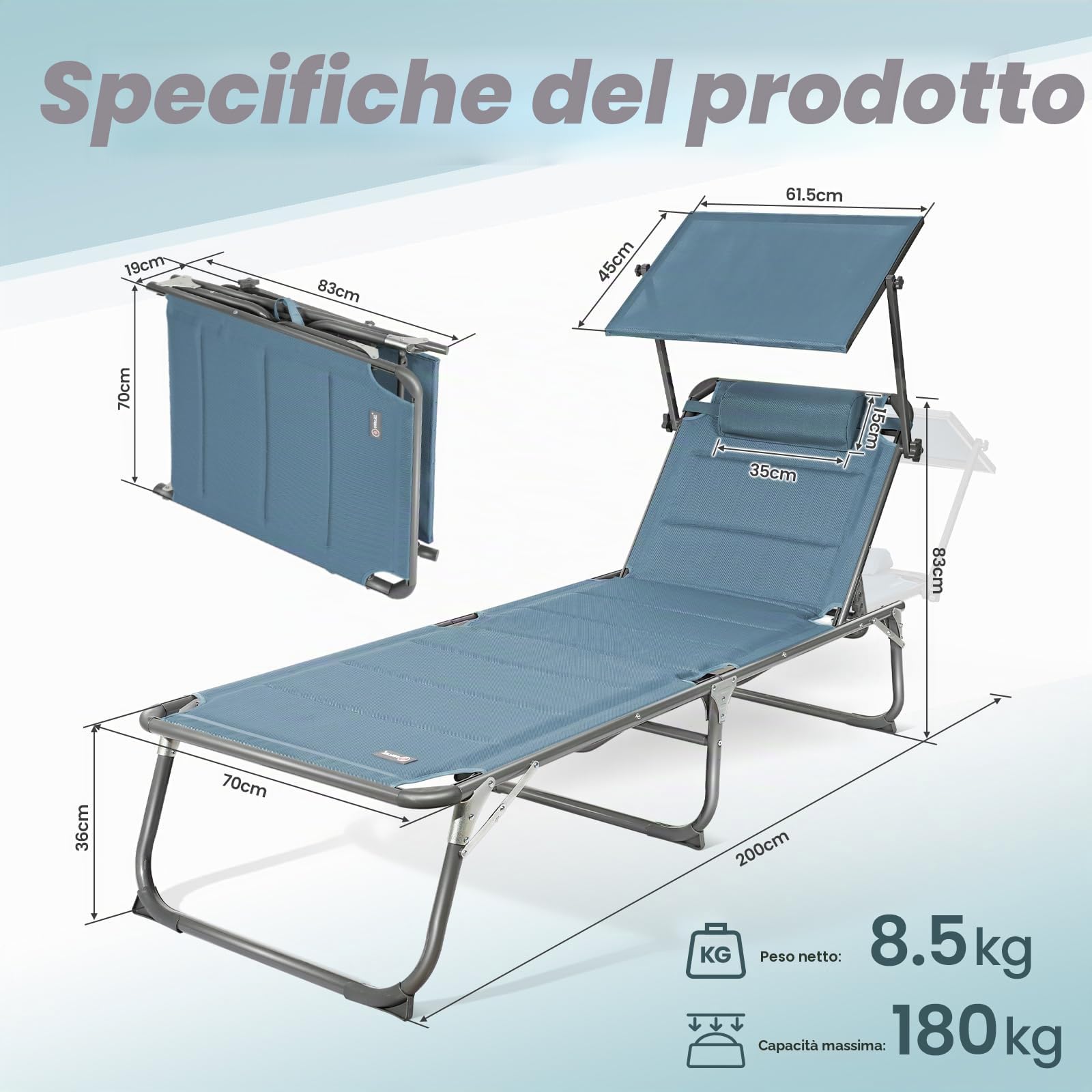 Homecall 30038 Lettino da Spiaggia in Alluminio con Parasole, Schiuma ad Asciugatura Rapida, XXL, Blu