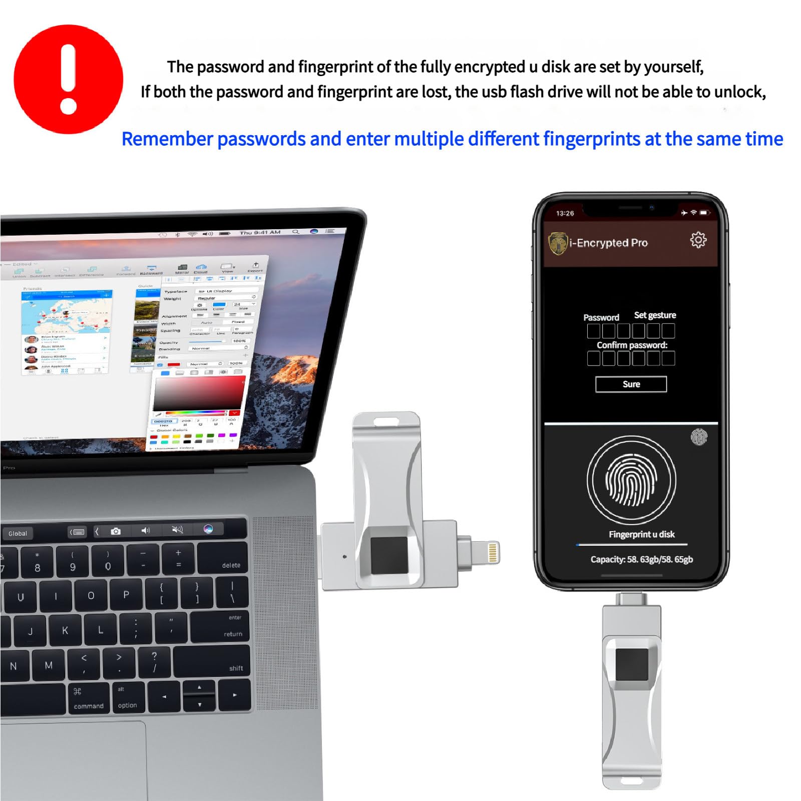 Chiavetta USB con Protezione Tramite Password e crittografia delle Impronte digitali, Fino a 29 MB/s in lettura/16 MB/s in Scrittura, 64 Impronte digitali 256GB