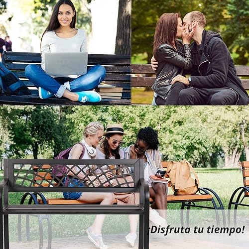 Miniatura 7 de Banco de jardín para patio, parque, bancos de metal al aire libre, silla de marco de acero de hierro fundido de 400 libras con patrón de malla de