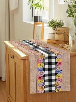 Spring Colorful Blossom Flower Table Runner 36 Inches Long,Kitchen Dining Tablerunners Rustic Wood Board Buffalo Plaid Linen Table Runners Dresser Scarves for Home Dinner Wedding Holiday Party Decor