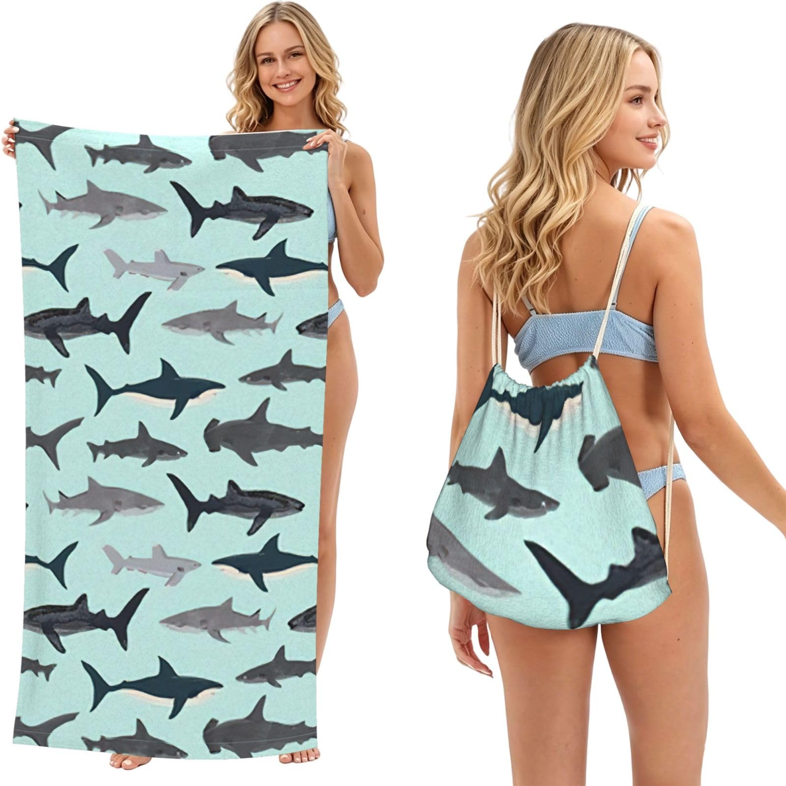 aacxzff Shark Print 2 in 1 Packable Towel Bag, Drawstring Beach Towel Backpack,80x160cm for Beach trips