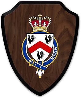 HARD EDGE DESIGN Family Coat of Arms Heritage Shield Plaque, Scottish Garter Family Aitken with Dark Wood Background