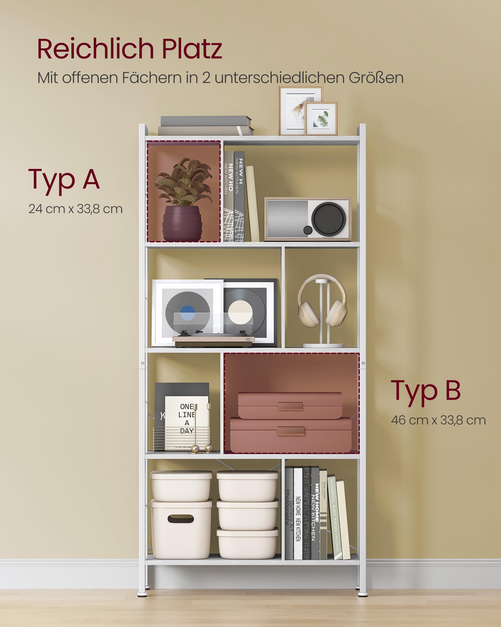 VASAGLE Regal, Bücherregal, Büroregal mit 5 Ebenen, Standregal, Aufbewahrungsregal, groß, Metallgestell, ahornweiß-wolkenweiß LBC012W44