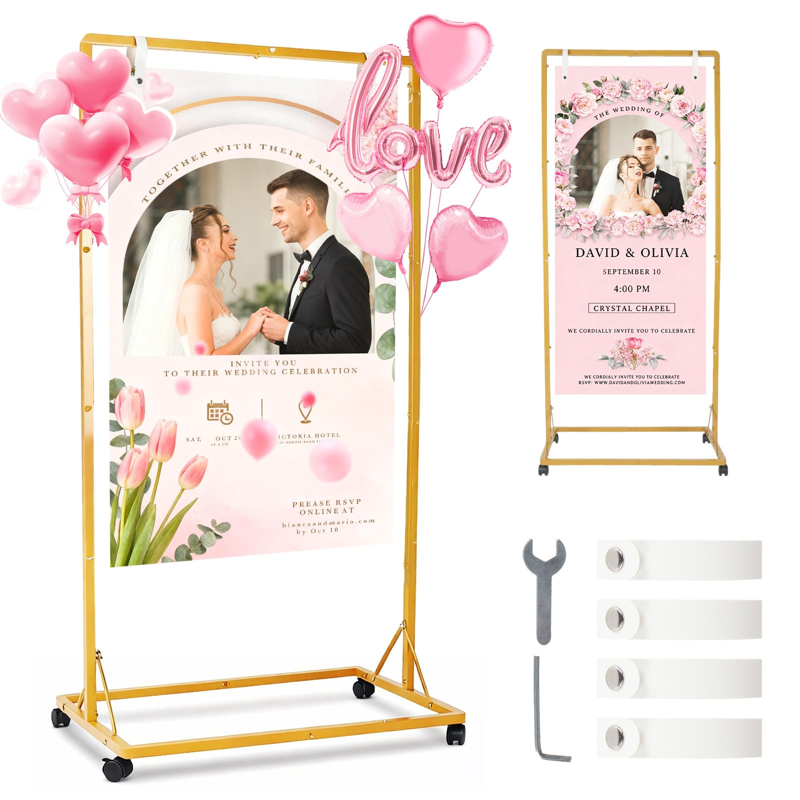 Support de plaque de mariage sur roulettes, 170 x 72 x 50 cm, réglable, avec 2 sangles en cuir, support doré pour panneaux de mariage, affiches, plan de table, réception et décoration