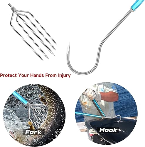 Miniatura 16 de SANLIKE Pescado telescópico con gancho de lanza de pesca de mar inoxidable, mango suave de aleación de aluminio poste para agua salada en alta mar