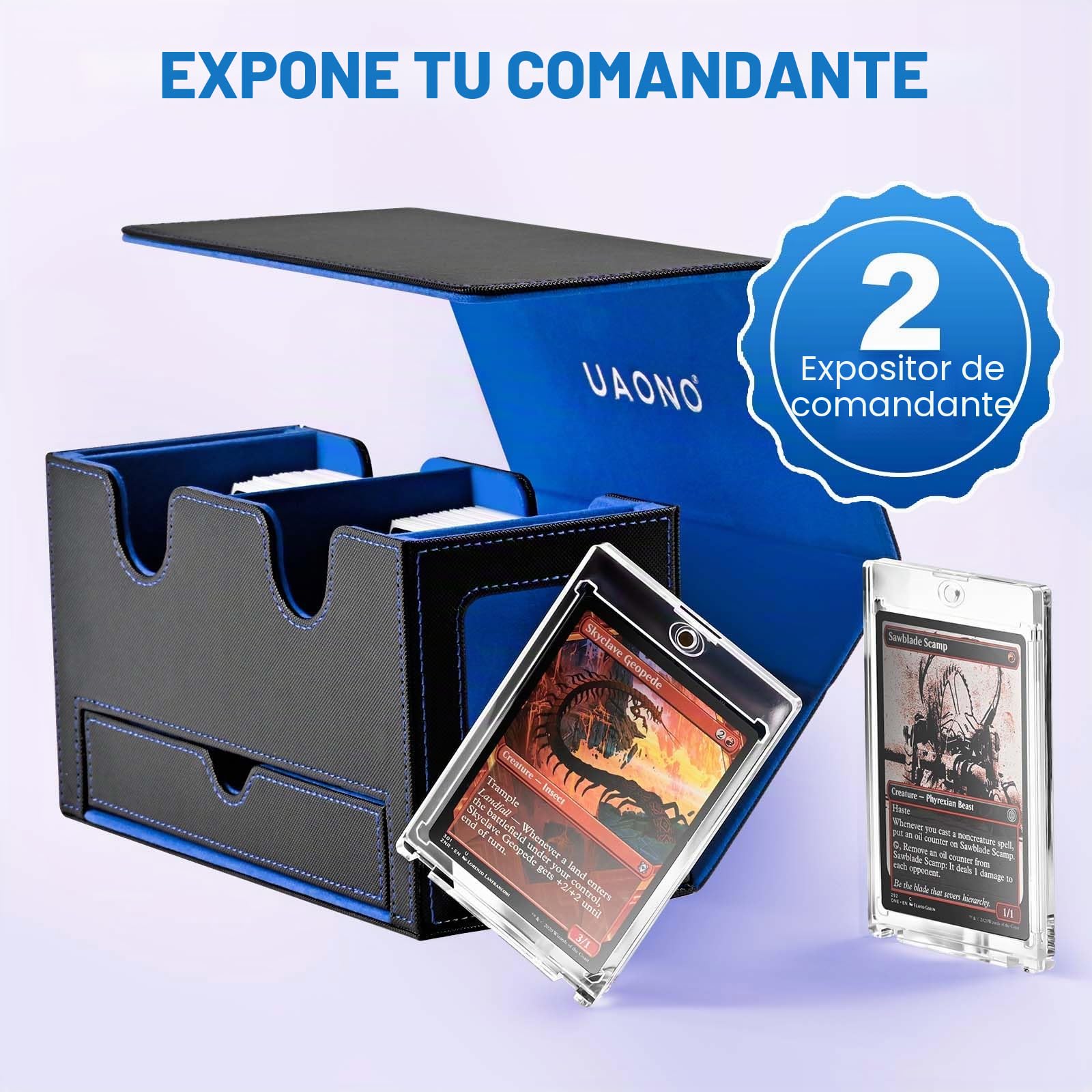 UAONO Caja de almacenamiento para MTG, caja de almacenamiento de doble bandeja con 2 soportes de exhibición de comandantes y 1 bandeja para dados, puede contener más de 200 bolsas dobles, organizador