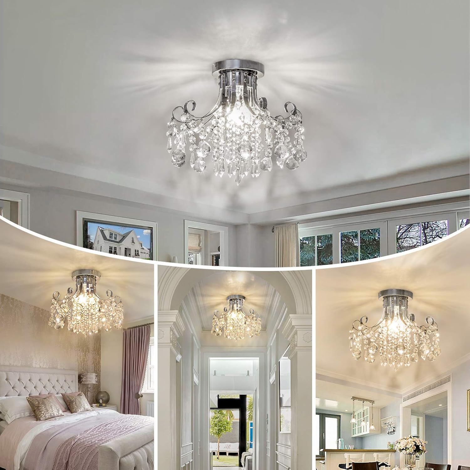 Small Crystal Chandelier Lighting, 3-Light Crystal Ceiling Light with Raindrop Crystals, Modern Chandelier Light Fixture Semi Flush Mount for Bedroom Hallway Dining Room, G9 Socket Bulbs Not Included - - 