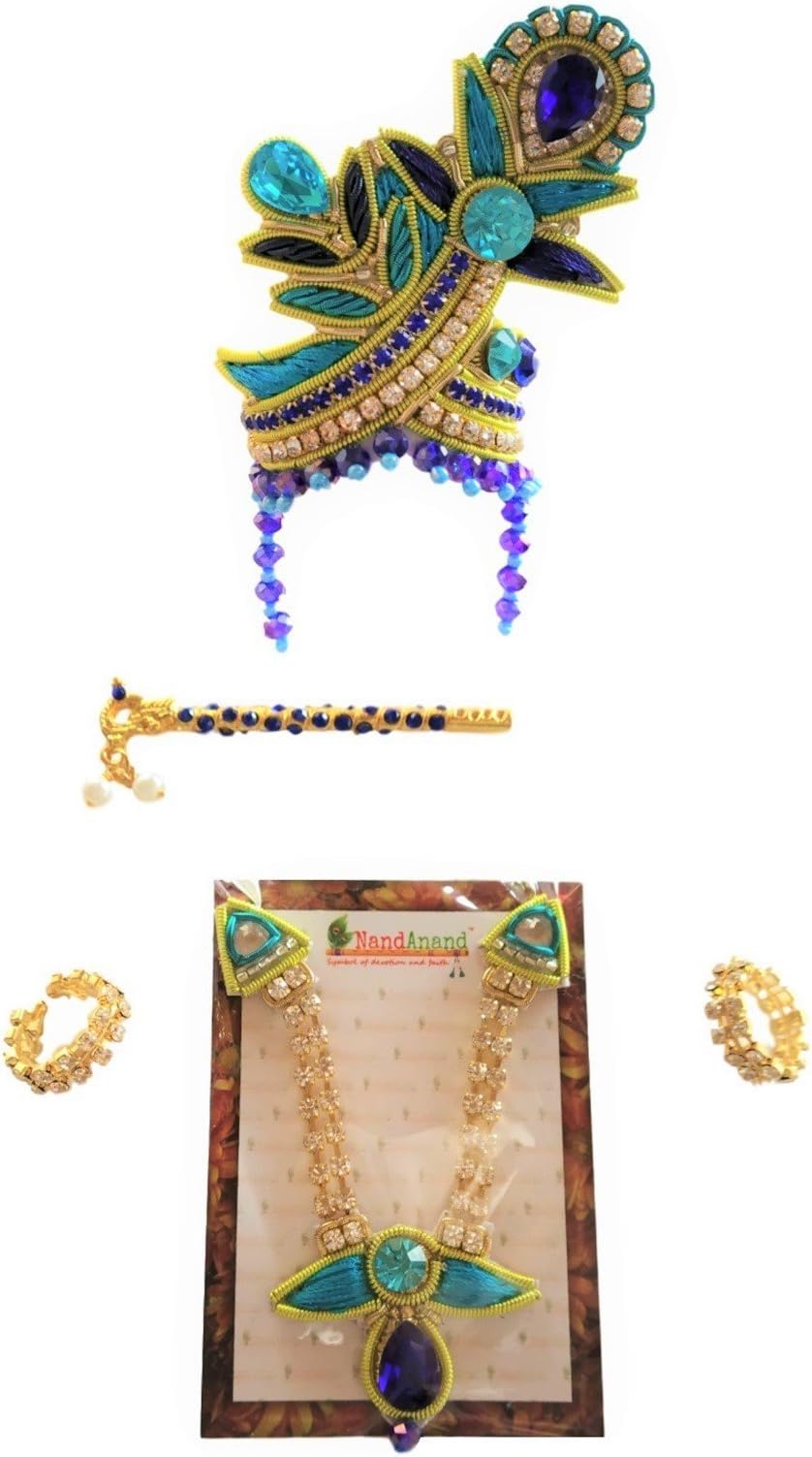 NandAnand Laddu Gopal Shringar Accessories Combo Set; includes 1 Designer Stone Studded Mukut, 1 Haar, 1 Pair of Kangan and 1 Designer Bansuri for Bal Gopal, Pack of 4 (Size: 5, Color: Blue/ Multicolor)