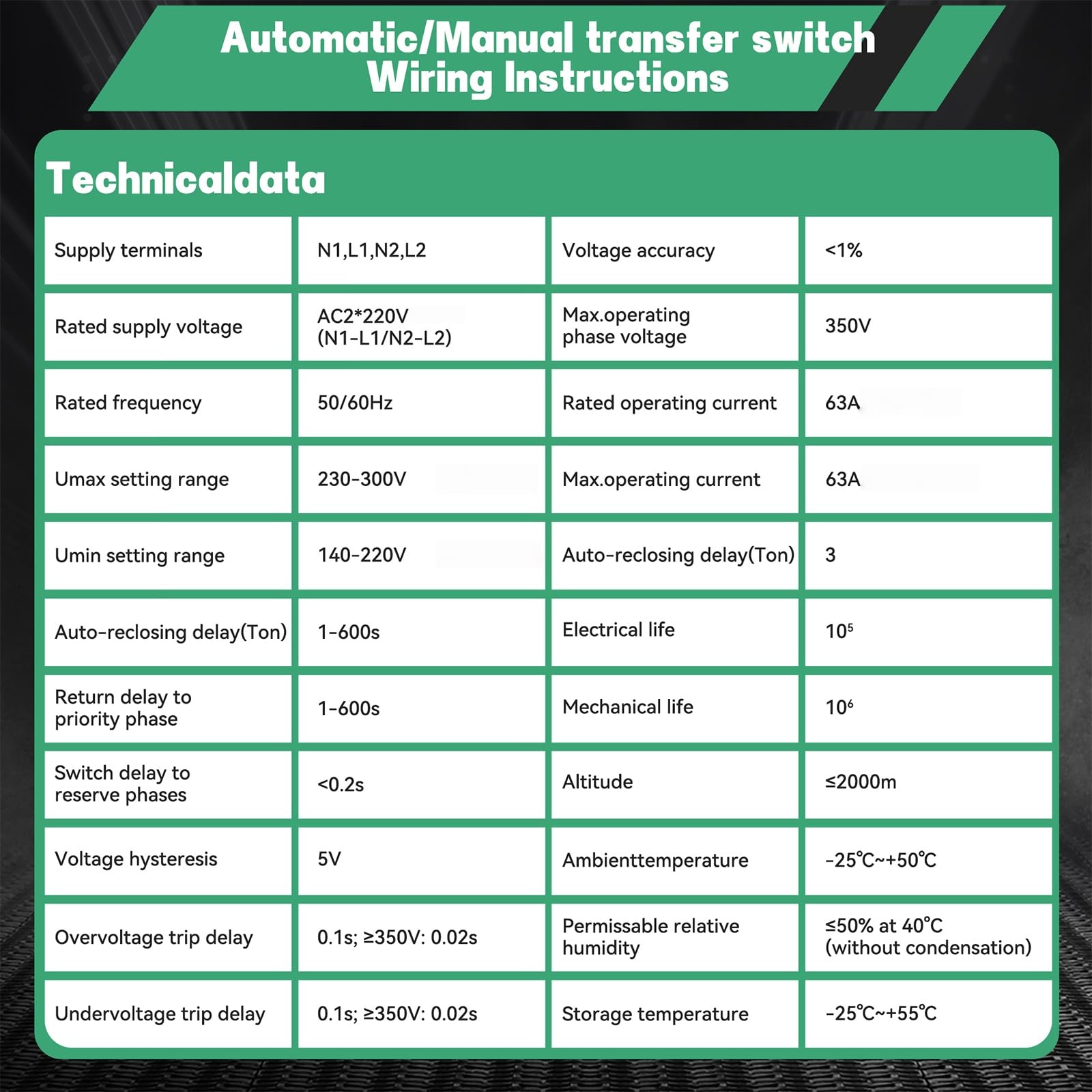 Interruttore di Trasferimento Automatico e Manuale 63A 220V Con Display Digitale, Valore Regolabile, Doppio Selettore di Alimentazione ATS per Generatori di Emergenza, Installazione guida DIN