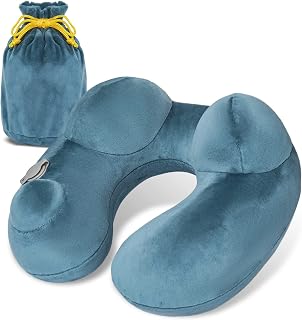 Self-Inflatable Travel Pillow for Sleeping Airplane Train Car Office U-Shaped Hump Napping Pillow with Washable Cover and Packsack, Adjustable Neck/Chin Support